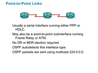 Point-to-Point Links




   Usually a serial interface running either PPP or
    HDLC.
   May also be a point-to-point subinterface running
    Frame Relay or ATM.
   No DR or BDR election required.
   OSPF autodetects this interface type.
   OSPF packets are sent using multicast 224.0.0.5.
 