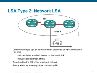 LSA Type 2: Network LSA




  One network (type 2) LSA for each transit broadcast or NBMA network in
   an area
          Includes list of attached routers on the transit link
          Includes subnet mask of link
  Advertised by the DR of the broadcast network
  Floods within its area only; does not cross ABR

    © 2008 Cisco, Inc. All rights reserved.   Cisco Confidential           82
 