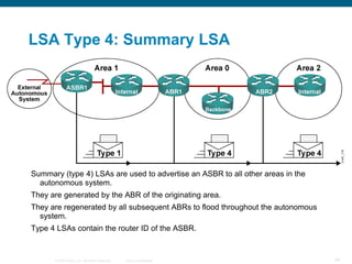 LSA Type 4: Summary LSA




Summary (type 4) LSAs are used to advertise an ASBR to all other areas in the
  autonomous system.
They are generated by the ABR of the originating area.
They are regenerated by all subsequent ABRs to flood throughout the autonomous
  system.
Type 4 LSAs contain the router ID of the ASBR.


      © 2008 Cisco, Inc. All rights reserved.   Cisco Confidential               84
 