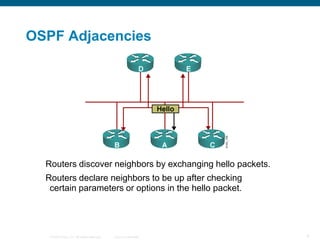 OSPF Adjacencies




  Routers discover neighbors by exchanging hello packets.
  Routers declare neighbors to be up after checking
   certain parameters or options in the hello packet.




   © 2008 Cisco, Inc. All rights reserved.   Cisco Confidential   9
 