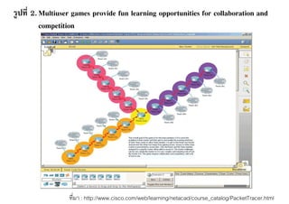 รูปที 2. Multiuser games provide fun learning opportunities for collaboration and
         competition




                 ทีมา : http://www.cisco.com/web/learning/netacad/course_catalog/PacketTracer.html
 