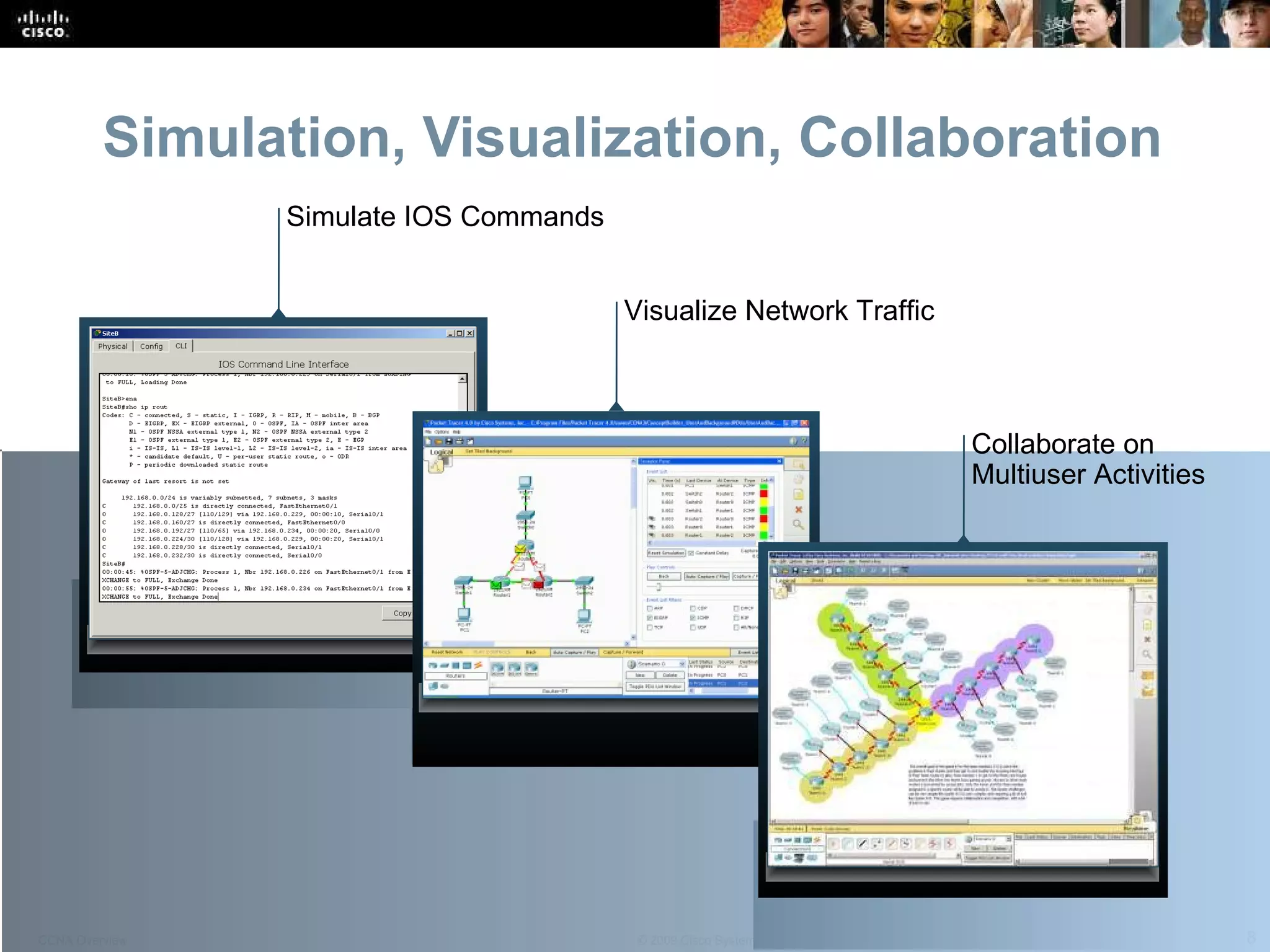 Simulation, Visualization, Collaboration Simulate IOS Commands Visualize Network Traffic Collaborate on Multiuser Activities 