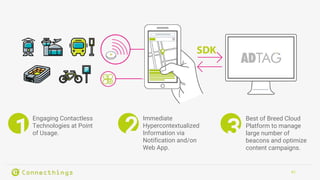 41
1 2 3
Engaging Contactless
Technologies at Point
of Usage.
Immediate
Hypercontextualized
Information via
Notification and/on
Web App.
Best of Breed Cloud
Platform to manage
large number of
beacons and optimize
content campaigns.
 