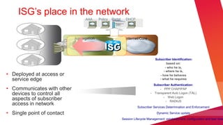 ISG’s place in the network
                                  AAA     Policy   Portal     DHCP




                            Aggregation                       Internet/Core




                                                                                   Subscriber Identification:
                                                                                           based on:
                                                                                          - who he is,
                                                                                         - where he is,
• Deployed at access or                                                               - how he behaves
  service edge                                                                        - what he requires
                                                                                  Subscriber Authentication:
• Communicates with other                                                            - PPP CHAP/PAP
  devices to control all                                                        - Transparent Auto Logon (TAL)
                                                                                        - Web Logon
  aspects of subscriber                                                                  - RADIUS
  access in network
                                                                      Subscriber Services Determination and Enforcement

• Single point of contact                                                           Dynamic Service update
                                                            Session Lifecycle Management: establishment, configuration and tear dow
 