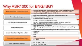 Why ASR1000 for BNG/ISG?
                                       •Prepaid services, Per subscriber Firewall, Portal integration for self-
 Feature richness & services support    provisioning, Policy server solutions, Services accounting within a
                                        session, Integrated DPI (by mid-CY11) etc

                                       •Dual-stack subscribers - PPPoE now and IPoE by mid-CY11)
      IPv6 Subscriber Support:         •IPv6 native sessions with ISG
                                       •IPv6 subscribers tunneled in L2TP
                                       •NAT44 - maximum of 2M NAT sessions
   IPv4 Address Exhaust solutions      •NAT64 - stateless model now and stateful NAT64 by mid-CY11
                                       •6RD - IPv6 Rapid Deployment tunneling model
                                       •LNS - aggregating the hotspots
                                       •ISG - Managing individual subscriber authentication, services, billing
        SP WiFi Aggregation
                                        etc
                                       •NAT - Providing translation for private IPv4 address to public
                                       •PPPoEoA
 Legacy Broadband Migration options    •PPPoA
                                       •RBE
                                       •LNS
  Wholesale Broadband Deployment       •PW based backhaul
                                       •RA-MPLS

                                       •HA for PPP, L2TP, AAA
      High Availability and ISSU
                                       •HA for IPoE and TCs
 