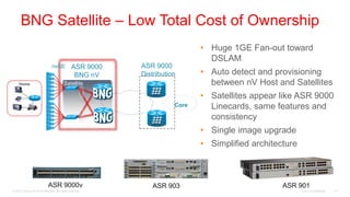 BNG Satellite – Low Total Cost of Ownership
                                                                             • Huge 1GE Fan-out toward
                                                                               DSLAM
             MSAN                                          ASR 9000
                                nxGE            ASR 9000
             VDSL
                                                 BNG nV    Distribution      • Auto detect and provisioning
     Home                                 Satellite                            between nV Host and Satellites
                                                                             • Satellites appear like ASR 9000
                                                                      Core     Linecards, same features and
                                                                               consistency
                                                                             • Single image upgrade
                                                                             • Simplified architecture



                             ASR 9000v                         ASR 903                            ASR 901
© 2010 Cisco and/or its affiliates. All rights reserved.                                                 Cisco Confidential   47
 