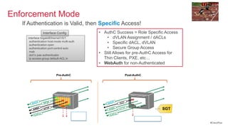 Enforcement Mode
   If Authentication is Valid, then Specific Access!
                      Interface Config              • AuthC Success = Role Specific Access
     interface GigabitEthernet1/0/1                    • dVLAN Assignment / dACLs
      authentication host-mode multi-auth
      authentication open
                                                       • Specific dACL, dVLAN
      authentication port-control auto                 • Secure Group Access
      mab
      dot1x pae authenticator
                                                    • Still Allows for pre-AuthC Access for
      ip access-group default-ACL in                  Thin Clients, PXE, etc…
                                                    • WebAuth for non-Authenticated

                               Pre-AuthC                                    Post-AuthC




                              SWITCHPORT                                       SWITCHPORT

          P                                                P
       DHC            TFTP                              DHC           RDP

        KRB
              5
                      HTT
                          P
                                                         KRB
                                                             5        HTT
                                                                          P
                                                                                                   SGT
                  L                        Permit                 L
         E APo                                           E AP o
                                           Some                                   Role-Based ACL
                                                                                                         #CiscoPlus
 