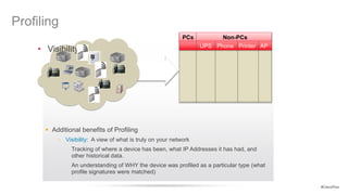 Profiling
                                                             PCs         Non-PCs
                                                                   UPS Phone Printer AP
     • Visibility




        Additional benefits of Profiling
           - Visibility: A view of what is truly on your network
                Tracking of where a device has been, what IP Addresses it has had, and
                other historical data.
                An understanding of WHY the device was profiled as a particular type (what
                profile signatures were matched)

                                                                                             #CiscoPlus
 