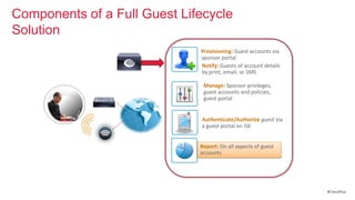 Components of a Full Guest Lifecycle
Solution
                              Provisioning: Guest accounts via
                              sponsor portal
                              Notify: Guests of account details
                              by print, email, or SMS

                               Manage: Sponsor privileges,
                               guest accounts and policies,
                               guest portal


                              Authenticate/Authorize guest via
                              a guest portal on ISE
       Guests



                              Report: On all aspects of guest
                              accounts




                                                                  #CiscoPlus
 