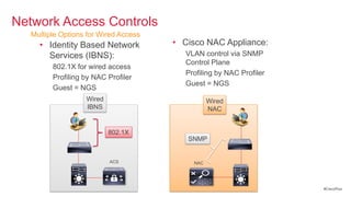 Network Access Controls
   Multiple Options for Wired Access
     • Identity Based Network          • Cisco NAC Appliance:
       Services (IBNS):                   VLAN control via SNMP
                                          Control Plane
         802.1X for wired access
                                          Profiling by NAC Profiler
         Profiling by NAC Profiler
                                          Guest = NGS
         Guest = NGS
                   Wired                          Wired
                   IBNS                           NAC


                           802.1X
                                          SNMP


                           ACS              NAC




                                                                      #CiscoPlus
 