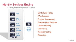 Identity Services Engine
   • Policy Server Designed for TrustSec


               ACS                         • Centralized Policy
                                           • AAA Services
               NAC
               Profiler                    • Posture Assessment
                                           • Guest Access Services
               NAC
               Guest                       • Device Profiling
                            Identity
               NAC          Services       • Monitoring
               Manager       Engine
                                           • Troubleshooting
               NAC
               Server                      • Reporting

                                                                     #CiscoPlus
 