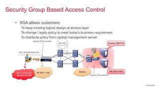 Security Group Based Access Control

   • SGA allows customers:
        To keep existing logical design at access layer
        To change / apply policy to meet today‘s business requirement
        To distribute policy from central management server
                      Ingress Enforcement
                                            SGT=100                                Finance (SGT=4)



      802.1X/MAB/Web Auth




                                                      SGACL                         HR (SGT=100)
    I’m an employee      HR SGT = 100
    My group is HR                                            Egress Enforcement




                                                                                                     #CiscoPlus
 