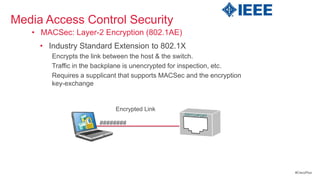 Media Access Control Security
   • MACSec: Layer-2 Encryption (802.1AE)
     • Industry Standard Extension to 802.1X
        Encrypts the link between the host & the switch.
        Traffic in the backplane is unencrypted for inspection, etc.
        Requires a supplicant that supports MACSec and the encryption
        key-exchange


                            Encrypted Link
                                                  SWITCHPORT

                       ########




                                                                        #CiscoPlus
 