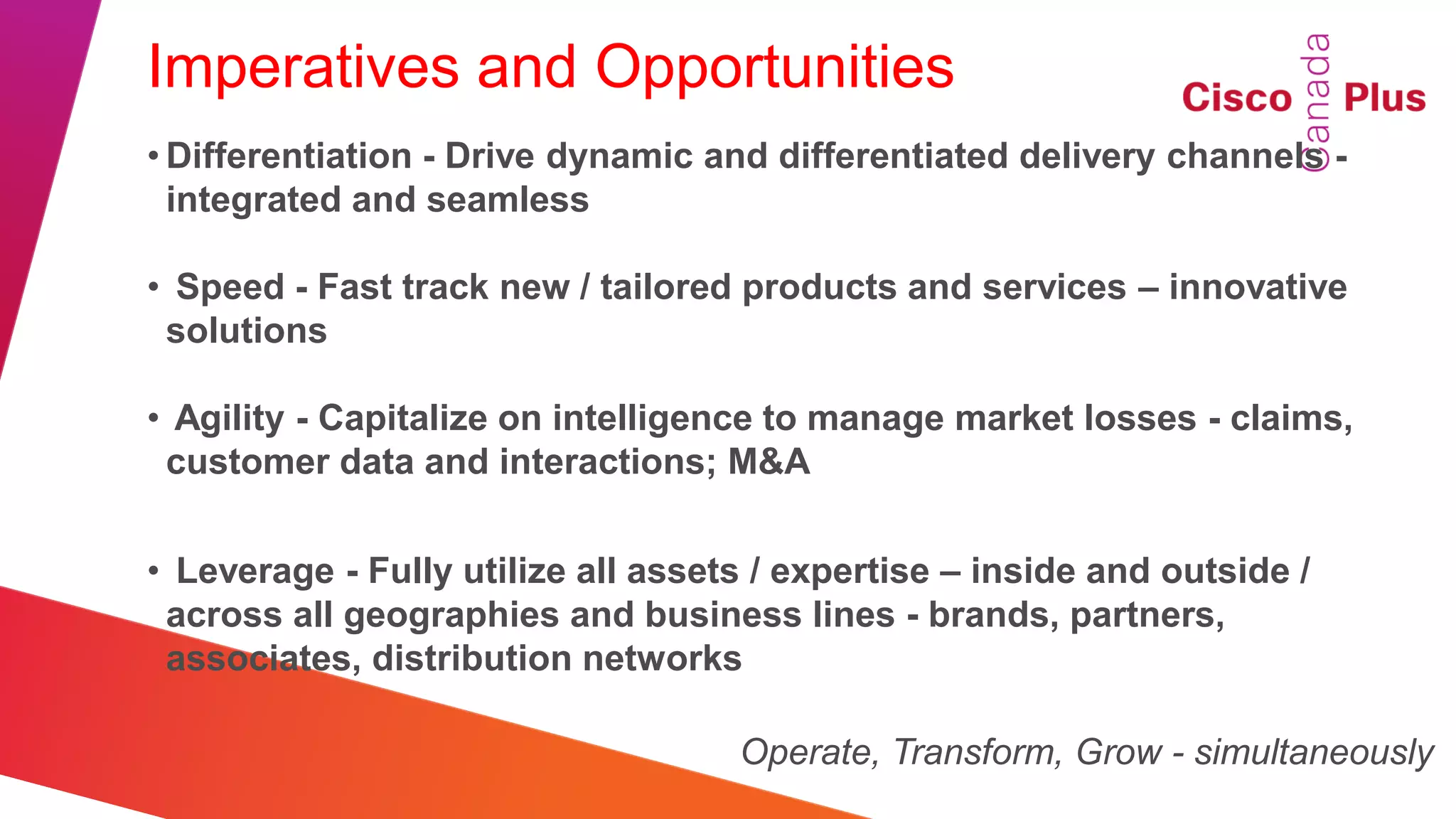 Imperatives and Opportunities
• Differentiation - Drive dynamic and differentiated delivery channels -
  integrated and seamless

• Speed - Fast track new / tailored products and services – innovative
 solutions

• Agility - Capitalize on intelligence to manage market losses - claims,
 customer data and interactions; M&A

• Leverage - Fully utilize all assets / expertise – inside and outside /
 across all geographies and business lines - brands, partners,
 associates, distribution networks

                                    Operate, Transform, Grow - simultaneously
 