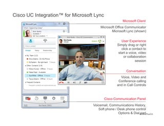 Cisco UC Integration™ for Microsoft Lync
                                                        Microsoft Client
                                        Microsoft Office Communicator
                                               Microsoft Lync (shown)


                                                      User Experience
                                                    Simply drag or right
                                                      click a contact to
                                                    start a voice, video
                                                       or collaboration
                                                                session


                                                          Conversation
                                                      Voice, Video and
                                                     Conference calling
                                                    and in Call Controls



                                           Cisco Communication Panel
                                   Voicemail, Communications History,
                                      Soft phone / Desk phone control
                                                   Options & Dial #CiscoPlusCA
                                                                   pad
 