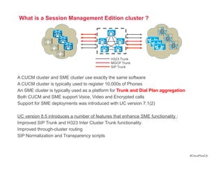 What is a Session Management Edition cluster ?



                                                                CUBE
                                                                  CUBE
                                                                    CUBE


                                              H323 Trunk
                                              MGCP Trunk
                                              SIP Trunk


A CUCM cluster and SME cluster use exactly the same software
A CUCM cluster is typically used to register 10,000s of Phones
An SME cluster is typically used as a platform for Trunk and Dial Plan aggregation
Both CUCM and SME support Voice, Video and Encrypted calls
Support for SME deployments was introduced with UC version 7.1(2)

UC version 8.5 introduces a number of features that enhance SME functionality :
Improved SIP Trunk and H323 Inter Cluster Trunk functionality
Improved through-cluster routing
SIP Normalization and Transparency scripts



                                                                                     #CiscoPlusCA
 