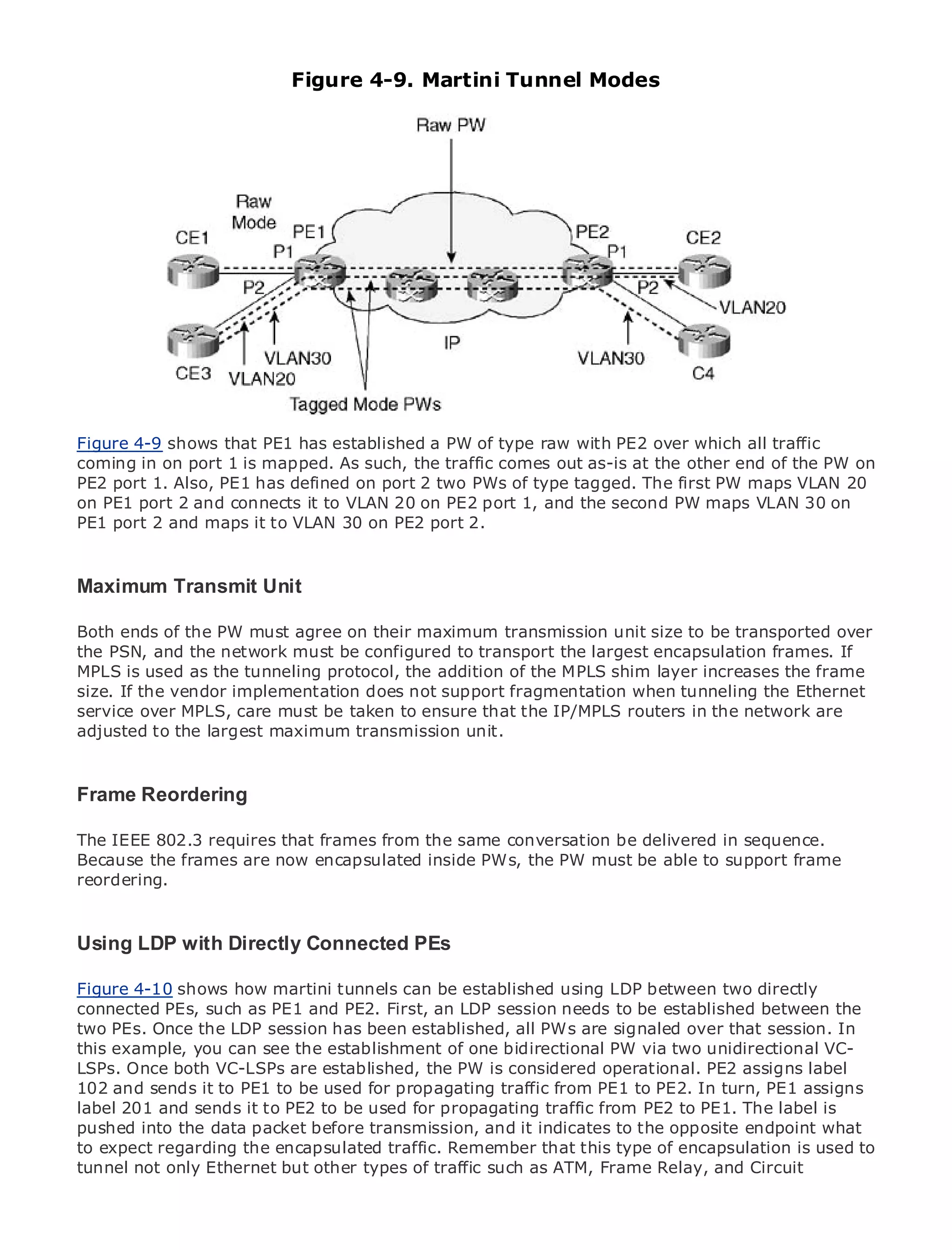 Figure 4-9. Martini Tunnel Modes




•                Table of Contents
•                Index
Metro Ethernet

BySam Halabi


    Publisher: Cisco Press
    Pub Date: October 01, 2003
        ISBN: 1-58705-096-X
       Pages: 240


Figure 4-9 shows that PE1 has established a PW of type raw with PE2 over which all traffic
coming in on port 1 is mapped. As such, the traffic comes out as-is at the other end of the PW on
PE2 port 1. Also, PE1 has defined on port 2 two PWs of type tagged. The first PW maps VLAN 20
on PE1 port 2 guide to Enterprise and CarrierPE2 port 1, and the second PW maps VLAN 30 on
The definitive and connects it to VLAN 20 on Metro Ethernet applications.
PE1 port 2 and maps it to VLAN 30 on PE2 port 2.

    Discover the latest developments in metro networking, Ethernet, and MPLS services and
Maximumthey can do Unit
    what Transmit for your organization

      Learn from the easy-to-read format that enables networking professionals of all levels to
Both understand PW must agree on their maximum transmission unit size to be transported over
      ends of the the concepts
the PSN, and the network must be configured to transport the largest encapsulation frames. If
MPLSGain from the experienceprotocol, the addition of the MPLS shim layerPress author, Sam
       is used as the tunneling of industry innovator and best-selling Cisco increases the frame
size. If the vendor implementation doesArchitecturesfragmentation when tunneling the Ethernet
      Halabi, author of Internet Routing not support
service over MPLS, care must be taken to ensure that the IP/MPLS routers in the network are
adjusted to the will emerge as the next area of growth for the networking industry and will
Metro networks largest maximum transmission unit.
represent a major shift in how data services are offered to businesses and residential customers.
The metro has always been a challenging environment for delivering data services because it has
been built to handle the stringent reliability and availability needs for voice. Carriers will have to
Frame Reordering
go through fundamental shifts to equip the metro for next-generation data services demanded
by enterprise customers and consumers. This is not only a technology shift, but also a shift in the
The IEEE 802.3 requires that frames from the same conversation be delivered in sequence.
operational and business model that will allow the incumbent carriers to transform the metro to
Because the frames are now encapsulated inside PWs, the PW must be able to support frame
offer enhanced data services.
reordering.
Metro Ethernet from Cisco Press looks at the deployment of metro data services from a holistic
view. It describes the current metro, which is based on TDM technology, and discusses the
Using LDPchallenges carriers will face in transforming the metro to address data services.
drivers and with Directly Connected PEs

Metro Ethernet discusses the adoption of metro Ethernet servicesLDP between two directly
Figure 4-10 shows how martini tunnels can be established using and how that has led carriers
to the delivery of metro PE1 and PE2. First, anchanging mix of transport technologies, the book
connected PEs, such as data services. With a LDP session needs to be established between the
thenPEs. Once the LDP and emerging trends, and delves PWs the role of virtual private networks
two examines current session has been established, all into are signaled over that session. In
(VPN), virtual you can localthe establishment of one bidirectional PW via two unidirectional VC-
this example, private see area networks (VLAN), virtual private LAN services (VPLS), traffic
engineering, andVC-LSPs are established, the PW is considered operational. PE2 assigns label
LSPs. Once both MPLS and Generalized MPLS (GMPLS).
102 and sends it to PE1 to be used for propagating traffic from PE1 to PE2. In turn, PE1 assigns
label 201 and sends it to PE2 to be used for propagating traffic from PE2 to PE1. The label is
pushed into the data packet before transmission, and it indicates to the opposite endpoint what
to expect regarding the encapsulated traffic. Remember that this type of encapsulation is used to
tunnel not only Ethernet but other types of traffic such as ATM, Frame Relay, and Circuit
 