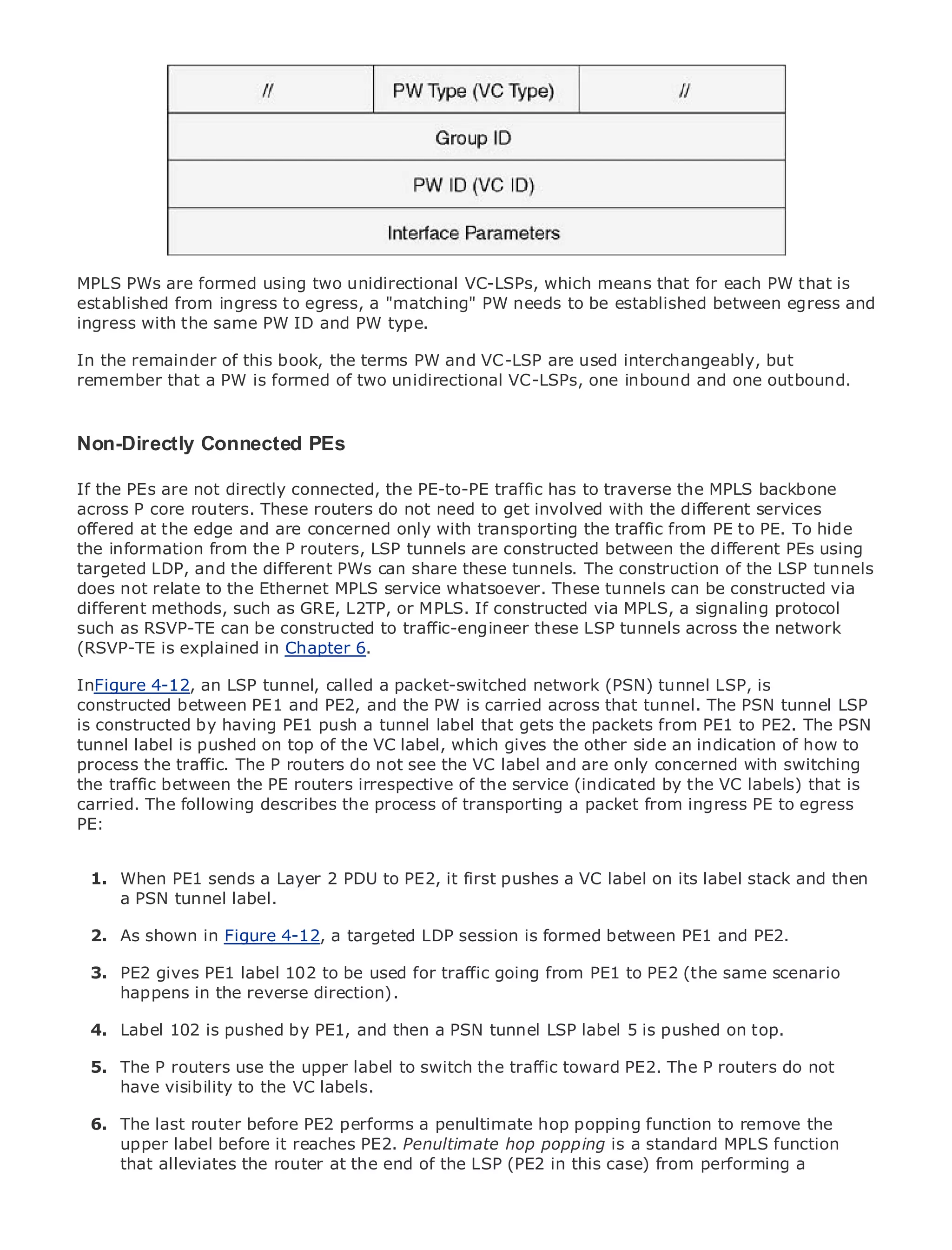•                Table of Contents
•                Index
Metro Ethernet
MPLS PWs are formed using two unidirectional VC-LSPs, which means that for each PW that is
BySam Halabi
established from ingress to egress, a "matching" PW needs to be established between egress and
ingress with the same PW ID and PW type.
     Publisher: Cisco Press
    Pub Date: October 01, 2003
In the remainder of this book, the terms PW and VC-LSP are used interchangeably, but
remember that a PW is formed of two unidirectional VC-LSPs, one inbound and one outbound.
       ISBN: 1-58705-096-X
        Pages: 240


Non-Directly Connected PEs

If the PEs are not directly connected, the PE-to-PE traffic has to traverse the MPLS backbone
The definitive routers. These routers do not need to get involved with the different services
across P core guide to Enterprise and Carrier Metro Ethernet applications.
offered at the edge and are concerned only with transporting the traffic from PE to PE. To hide
the information from the P routers, LSP tunnels are constructed between the different PEs using
targeted LDP, and latest developments inshare these tunnels.Ethernet, and MPLS services tunnels
      Discover the the different PWs can metro networking, The construction of the LSP and
does what they to the Ethernet MPLS service whatsoever. These tunnels can be constructed via
      not relate can do for your organization
different methods, such as GRE, L2TP, or MPLS. If constructed via MPLS, a signaling protocol
      Learn from the easy-to-read format that enables networking professionals of all levels to
such as RSVP-TE can be constructed to traffic-engineer these LSP tunnels across the network
      understand the concepts
(RSVP-TE is explained in Chapter 6.
      Gain from the experience of industry innovator and best-selling Cisco Press author, Sam
InFigure 4-12, an LSP tunnel, called a packet-switched network (PSN) tunnel LSP, is
      Halabi, author of Internet Routing Architectures
constructed between PE1 and PE2, and the PW is carried across that tunnel. The PSN tunnel LSP
is constructed by having PE1as the a tunnel label that gets the packets from PE1 to PE2. will PSN
Metro networks will emerge push next area of growth for the networking industry and The
tunnel label major shift in top of the VC label,are offered tothe other side anresidential of how to
represent a is pushed on how data services which gives businesses and indication customers.
process the traffic. The P routers do not see the VC label and are onlydata services because it has
The metro has always been a challenging environment for delivering concerned with switching
the traffic between the PE routers reliability and availability needs for voice. Carriers will that is
been built to handle the stringent irrespective of the service (indicated by the VC labels) have to
carried. The following describes the processmetro for next-generation dataingress PE to egress
go through fundamental shifts to equip the of transporting a packet from services demanded
PE:enterprise customers and consumers. This is not only a technology shift, but also a shift in the
by
operational and business model that will allow the incumbent carriers to transform the metro to
offer When PE1 data services. 2 PDU to PE2, it first pushes a VC label on its label stack and then
  1. enhanced sends a Layer
      a PSN tunnel label.
Metro Ethernet from Cisco Press looks at the deployment of metro data services from a holistic
view.As describes Figure 4-12,metro, which is based on TDM technology, and discusses the
  2. It shown in the current a targeted LDP session is formed between PE1 and PE2.
drivers and challenges carriers will face in transforming the metro to address data services.
  3. PE2 gives PE1 label 102 to be used for traffic going from PE1 to PE2 (the same scenario
Metrohappens in the reverse direction).of metro Ethernet services and how that has led carriers
       Ethernet discusses the adoption
to the delivery of metro data services. With a changing mix of transport technologies, the book
then examines current and emerging trends, and delves into the roleis pushed on top. networks
  4. Label 102 is pushed by PE1, and then a PSN tunnel LSP label 5 of virtual private
(VPN), virtual private local area networks (VLAN), virtual private LAN services (VPLS), traffic
engineering, and MPLS the upper label to switch the traffic toward PE2. The P routers do not
  5. The P routers use and Generalized MPLS (GMPLS).
      have visibility to the VC labels.

    6. The last router before PE2 performs a penultimate hop popping function to remove the
       upper label before it reaches PE2. Penultimate hop popping is a standard MPLS function
       that alleviates the router at the end of the LSP (PE2 in this case) from performing a
 