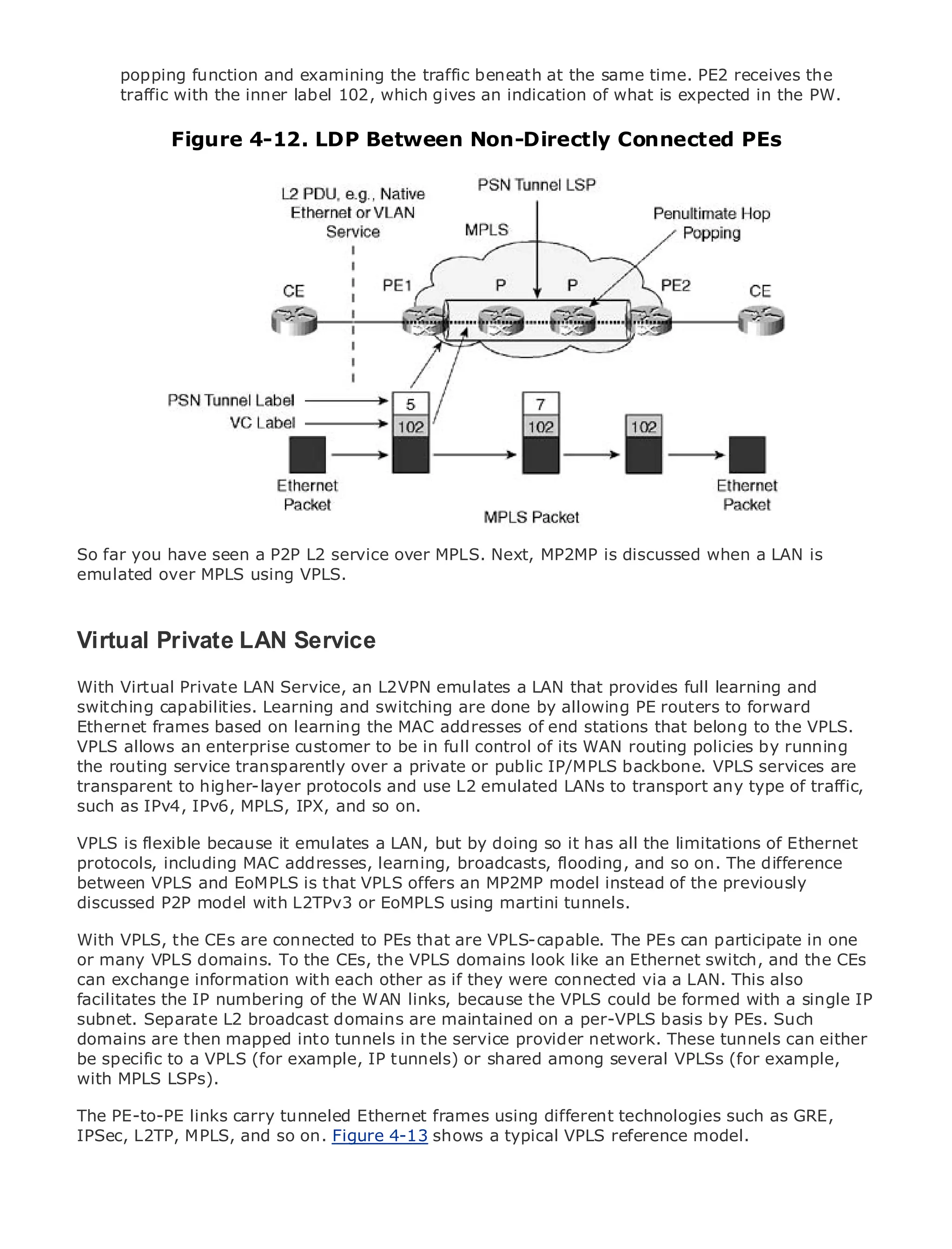 6.


         popping function and examining the traffic beneath at the same time. PE2 receives the
         traffic with the inner label 102, which gives an indication of what is expected in the PW.

               Figure 4-12. LDP Between Non-Directly Connected PEs



•                Table of Contents
•                Index
Metro Ethernet

BySam Halabi


     Publisher: Cisco Press
     Pub Date: October 01, 2003
          ISBN: 1-58705-096-X
         Pages: 240




The definitive guide to Enterprise and Carrier Metro Ethernet applications.

So far you have seen a P2P L2 service over MPLS. Next, MP2MP is discussed when a LAN is
     Discover the latest developments in metro networking, Ethernet, and MPLS services and
emulated over MPLSdo for your organization
     what they can using VPLS.

    Learn from the easy-to-read format that enables networking professionals of all levels to
    understand the concepts
Virtual Private LAN Service
     Gain from the experience of industry innovator and best-selling Cisco Press author, Sam
With Virtual Private LAN Service, an L2VPN emulates a LAN that provides full learning and
     Halabi, author of Internet Routing Architectures
switching capabilities. Learning and switching are done by allowing PE routers to forward
Ethernet frameswill emerge as the next area of growth of end stations that industry and will
Metro networks based on learning the MAC addresses for the networking belong to the VPLS.
VPLS allows major shift in how data services full control of its WAN routing residential customers.
represent a an enterprise customer to be in are offered to businesses and policies by running
the routinghas always been a challenging environment for delivering data services because are
The metro service transparently over a private or public IP/MPLS backbone. VPLS services it has
transparent to higher-layer protocols and use L2availabilityLANs tofor voice. Carriers will have to
been built to handle the stringent reliability and emulated needs transport any type of traffic,
such as IPv4, IPv6, MPLS, IPX, to equipon. metro for next-generation data services demanded
go through fundamental shifts and so the
by enterprise customers and consumers. This is not only a technology shift, but also a shift in the
VPLS is flexible because itmodel thata LAN, but the doing so it has all the limitations theEthernet
operational and business emulates will allow by incumbent carriers to transform of metro to
protocols, including MAC addresses, learning, broadcasts, flooding, and so on. The difference
offer enhanced data services.
between VPLS and EoMPLS is that VPLS offers an MP2MP model instead of the previously
discussed P2P model CiscoL2TPv3 or EoMPLS deployment oftunnels.
Metro Ethernet from with Press looks at the using martini metro data services from a holistic
view. It describes the current metro, which is based on TDM technology, and discusses the
With VPLS, the CEs arecarriers willto PEs that are VPLS-capable. The PEs can participate in one
drivers and challenges connected face in transforming the metro to address data services.
or many VPLS domains. To the CEs, the VPLS domains look like an Ethernet switch, and the CEs
can exchange information with each other as if Ethernet connected via a that This also
Metro Ethernet discusses the adoption of metro they wereservices and howLAN. has led carriers
facilitates the IP metro data services. With a because mix of transport technologies, a single
to the delivery ofnumbering of the WAN links, changingthe VPLS could be formed with the bookIP
subnet. Separate L2 broadcast domains are maintained into the role of virtual PEs. Such
then examines current and emerging trends, and delveson a per-VPLS basis byprivate networks
domains are then mapped area networks (VLAN), virtual private LAN services (VPLS), traffic
(VPN), virtual private local into tunnels in the service provider network. These tunnels can either
be specific to a VPLS (for example, IP tunnels) or shared
engineering, and MPLS and Generalized MPLS (GMPLS). among several VPLSs (for example,
with MPLS LSPs).

The PE-to-PE links carry tunneled Ethernet frames using different technologies such as GRE,
IPSec, L2TP, MPLS, and so on. Figure 4-13 shows a typical VPLS reference model.
 