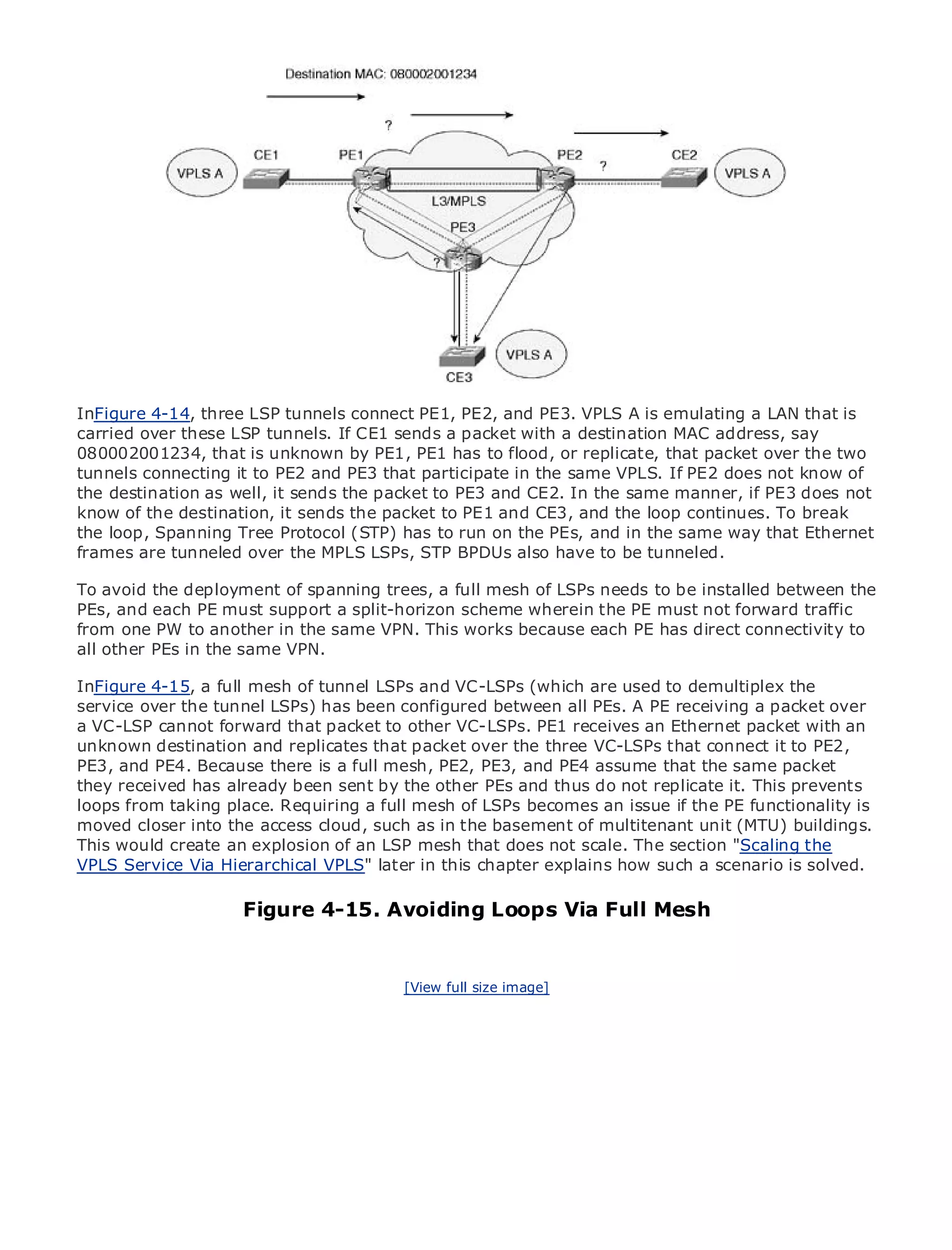 •                Table of Contents
•                Index
Metro Ethernet

BySam Halabi


    Publisher: Cisco Press
    Pub Date: October 01, 2003
        ISBN: 1-58705-096-X
       Pages: 240
InFigure 4-14, three LSP tunnels connect PE1, PE2, and PE3. VPLS A is emulating a LAN that is
carried over these LSP tunnels. If CE1 sends a packet with a destination MAC address, say
080002001234, that is unknown by PE1, PE1 has to flood, or replicate, that packet over the two
tunnels connecting it to PE2 and PE3 that participate in the same VPLS. If PE2 does not know of
the destination as well, it sends the packet to PE3 and CE2. In the same manner, if PE3 does not
The definitive guide to Enterprisethe packet to PE1 and CE3, and the loop continues. To break
know of the destination, it sends and Carrier Metro Ethernet applications.
the loop, Spanning Tree Protocol (STP) has to run on the PEs, and in the same way that Ethernet
frames are tunneled over the MPLS LSPs, STP BPDUs also have to be tunneled.
      Discover the latest developments in metro networking, Ethernet, and MPLS services and
      what they can do for your organization
To avoid the deployment of spanning trees, a full mesh of LSPs needs to be installed between the
PEs, and each PE must support a split-horizon scheme wherein the PE must not forward traffic
      Learn from the easy-to-read format that enables networking professionals of all levels to
from one PW to another in the same VPN. This works because each PE has direct connectivity to
      understand the concepts
all other PEs in the same VPN.
      Gain from the experience of industry innovator and best-selling Cisco Press author, Sam
InFigure 4-15, a full mesh of tunnel LSPs and VC-LSPs (which are used to demultiplex the
      Halabi, author of Internet Routing Architectures
service over the tunnel LSPs) has been configured between all PEs. A PE receiving a packet over
a VC-LSP cannot forward that packet to area of growth for the networking industry and will an
Metro networks will emerge as the next other VC-LSPs. PE1 receives an Ethernet packet with
unknown destination and replicates that packet over theto businesses and residentialit to PE2,
represent a major shift in how data services are offered three VC-LSPs that connect customers.
PE3,metro has Becausebeen a is a full mesh, PE2, PE3, and delivering data services because it has
The and PE4. always there challenging environment for PE4 assume that the same packet
they receivedhandle the stringent reliability otheravailability needs not voice. Carriers will have to
been built to has already been sent by the and PEs and thus do for replicate it. This prevents
loops from taking place. Requiring a fullthe metroLSPsnext-generation data the PE functionality is
go through fundamental shifts to equip mesh of for becomes an issue if services demanded
moved closer customers and consumers. as inis not only a technology shift, unit also a shift in the
by enterprise into the access cloud, such This the basement of multitenant but (MTU) buildings.
This would create an explosion of an will allow the incumbentscale. The section "Scaling the to
operational and business model that LSP mesh that does not carriers to transform the metro
VPLS enhanced data services. VPLS" later in this chapter explains how such a scenario is solved.
offer Service Via Hierarchical

Metro Ethernet fromFigure 4-15. Avoiding Loops Via Full Mesh
                      Cisco Press looks at the deployment of metro data services from a holistic
view. It describes the current metro, which is based on TDM technology, and discusses the
drivers and challenges carriers will face in transforming the metro to address data services.

Metro Ethernet discusses the adoption of metro size image]services and how that has led carriers
                                         [View full Ethernet
to the delivery of metro data services. With a changing mix of transport technologies, the book
then examines current and emerging trends, and delves into the role of virtual private networks
(VPN), virtual private local area networks (VLAN), virtual private LAN services (VPLS), traffic
engineering, and MPLS and Generalized MPLS (GMPLS).
 
