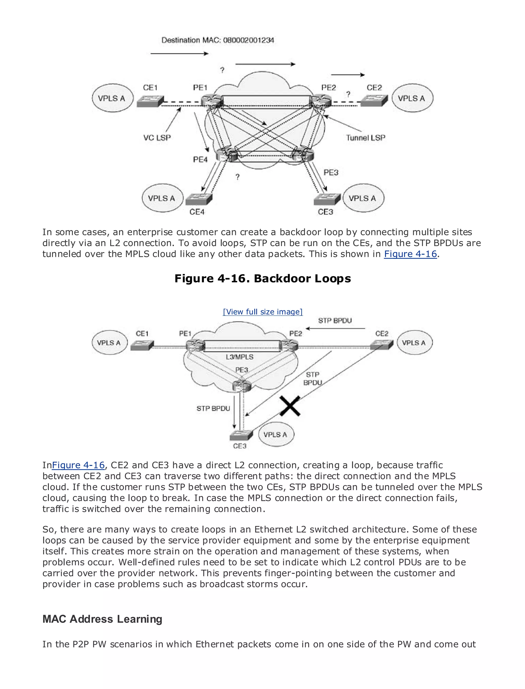 •                Table of Contents
•                Index
Metro Ethernet

BySam Halabi


    Publisher: Cisco Press
    Pub Date: October 01, 2003
        ISBN: 1-58705-096-X
       Pages: 240
In some cases, an enterprise customer can create a backdoor loop by connecting multiple sites
directly via an L2 connection. To avoid loops, STP can be run on the CEs, and the STP BPDUs are
tunneled over the MPLS cloud like any other data packets. This is shown in Figure 4-16.

                              Figure 4-16. Backdoor Loops
The definitive guide to Enterprise and Carrier Metro Ethernet applications.


      Discover the latest developments in metro size image]
                                        [View full networking, Ethernet, and MPLS services and
      what they can do for your organization

      Learn from the easy-to-read format that enables networking professionals of all levels to
      understand the concepts

      Gain from the experience of industry innovator and best-selling Cisco Press author, Sam
      Halabi, author of Internet Routing Architectures

Metro networks will emerge as the next area of growth for the networking industry and will
represent a major shift in how data services are offered to businesses and residential customers.
The metro has always been a challenging environment for delivering data services because it has
been built to handle the stringent reliability and availability needs for voice. Carriers will have to
go through fundamental shifts to equip the metro for next-generation data services demanded
by enterprise customers and consumers. This is not only a technology shift, but also a shift in the
InFigure 4-16, CE2 and CE3 have a direct L2 connection, creating a loop,transformtraffic
operational and business model that will allow the incumbent carriers to because the metro to
between CE2 and CE3 can traverse two different paths: the direct connection and the MPLS
offer enhanced data services.
cloud. If the customer runs STP between the two CEs, STP BPDUs can be tunneled over the MPLS
cloud, Ethernet the loop to break.looks at the deployment of metro data services from afails,
Metro causing from Cisco Press In case the MPLS connection or the direct connection holistic
trafficIt describes overcurrent metro, which is based on TDM technology, and discusses the
view. is switched the the remaining connection.
drivers and challenges carriers will face in transforming the metro to address data services.
So, there are many ways to create loops in an Ethernet L2 switched architecture. Some of these
loops Ethernet discusses the adoption of metro Ethernet services by the enterprise led carriers
Metro can be caused by the service provider equipment and some and how that has equipment
itself. delivery of metro strain on the With a changing mix of transport technologies, the
to the This creates more data services.operation and management of these systems, when book
problems occur. Well-defined rules need to be set to indicate which L2 control private networks
then examines current and emerging trends, and delves into the role of virtualPDUs are to be
carried over the provider network. This prevents finger-pointing LAN services (VPLS), and
(VPN), virtual private local area networks (VLAN), virtual privatebetween the customer traffic
provider in case MPLS and Generalized MPLS (GMPLS).
engineering, andproblems such as broadcast storms occur.


MAC Address Learning

In the P2P PW scenarios in which Ethernet packets come in on one side of the PW and come out
 