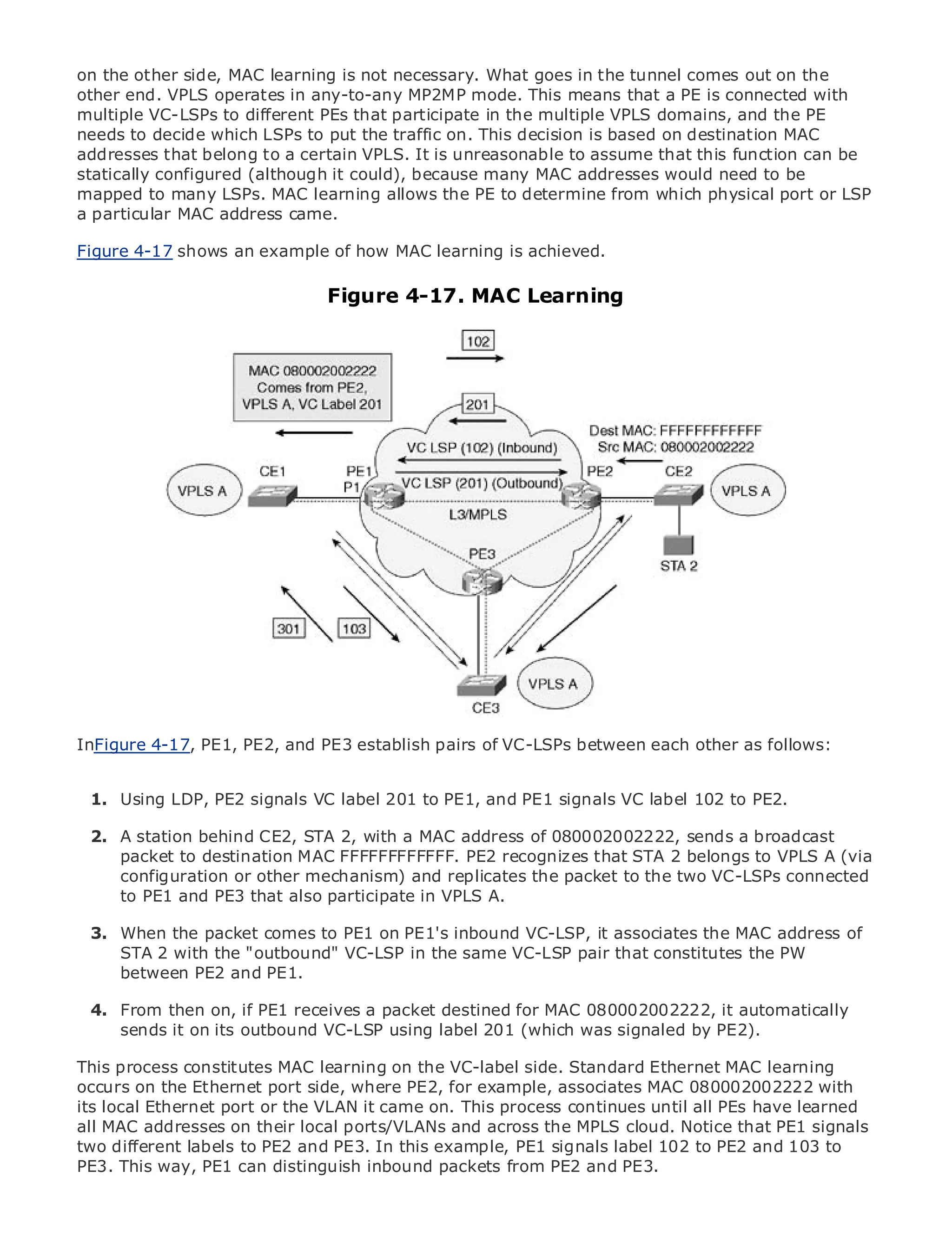 on the other side, MAC learning is not necessary. What goes in the tunnel comes out on the
other end. VPLS operates in any-to-any MP2MP mode. This means that a PE is connected with
multiple VC-LSPs to different PEs that participate in the multiple VPLS domains, and the PE
needs to decide which LSPs to put the traffic on. This decision is based on destination MAC
addresses that belong to a certain VPLS. It is unreasonable to assume that this function can be
statically configured (although it could), because many MAC addresses would need to be
mapped to many LSPs. MAC learning allows the PE to determine from which physical port or LSP
a particular MAC address came.
•             Table of Contents
•                Index
Figure 4-17 shows an example of how MAC learning is achieved.
Metro Ethernet

BySam Halabi
                                 Figure 4-17. MAC Learning
    Publisher: Cisco Press
    Pub Date: October 01, 2003
        ISBN: 1-58705-096-X
       Pages: 240




The definitive guide to Enterprise and Carrier Metro Ethernet applications.


      Discover the latest developments in metro networking, Ethernet, and MPLS services and
      what they can do for your organization

      Learn from the easy-to-read format that enables networking professionals of all levels to
      understand the concepts

      Gain from the experience of industry innovator and best-selling Cisco Press author, Sam
      Halabi, author of Internet Routing Architectures

Metro networks will emerge as the next area of growth for the networking industry and will
InFigure 4-17, PE1, PE2, and PE3 establish pairsoffered to businesses each residential customers.
represent a major shift in how data services are of VC-LSPs between and other as follows:
The metro has always been a challenging environment for delivering data services because it has
been Usingto handle the stringent reliability and availability needs VC label 102 to PE2. have to
  1. built LDP, PE2 signals VC label 201 to PE1, and PE1 signals for voice. Carriers will
go through fundamental shifts to equip the metro for next-generation data services demanded
by enterprise customers and consumers. This is not only a technology shift, but also a shift in the
  2. A station behind CE2, STA 2, with a MAC address of 080002002222, sends a broadcast
operational and business model FFFFFFFFFFFF. the incumbent carriers to2 belongs to VPLS A (via
      packet to destination MAC that will allow PE2 recognizes that STA transform the metro to
offer configuration or other mechanism) and replicates the packet to the two VC-LSPs connected
      enhanced data services.
     to PE1 and PE3 that also participate in VPLS A.
Metro Ethernet from Cisco Press looks at the deployment of metro data services from a holistic
view.When the packet current to PE1 on PE1's inbound VC-LSP, it associates the MAC address of
  3. It describes the comes metro, which is based on TDM technology, and discusses the
drivers and with the "outbound" VC-LSP in transforming the metro to address data services.
     STA 2 challenges carriers will face in the same VC-LSP pair that constitutes the PW
       between PE2 and PE1.
Metro Ethernet discusses the adoption of metro Ethernet services and how that has led carriers
to4. From then on, if PE1 receives a packet a changing mix of 080002002222, it automatically
    the delivery of metro data services. With destined for MAC transport technologies, the book
then examines current and emerging trends, and 201 (which wasrole of virtual private networks
       sends it on its outbound VC-LSP using label delves into the signaled by PE2).
(VPN), virtual private local area networks (VLAN), virtual private LAN services (VPLS), traffic
engineering, constitutesand Generalized MPLS (GMPLS).
This process and MPLS MAC learning on the VC-label side. Standard Ethernet MAC learning
occurs on the Ethernet port side, where PE2, for example, associates MAC 080002002222 with
its local Ethernet port or the VLAN it came on. This process continues until all PEs have learned
all MAC addresses on their local ports/VLANs and across the MPLS cloud. Notice that PE1 signals
two different labels to PE2 and PE3. In this example, PE1 signals label 102 to PE2 and 103 to
PE3. This way, PE1 can distinguish inbound packets from PE2 and PE3.
 