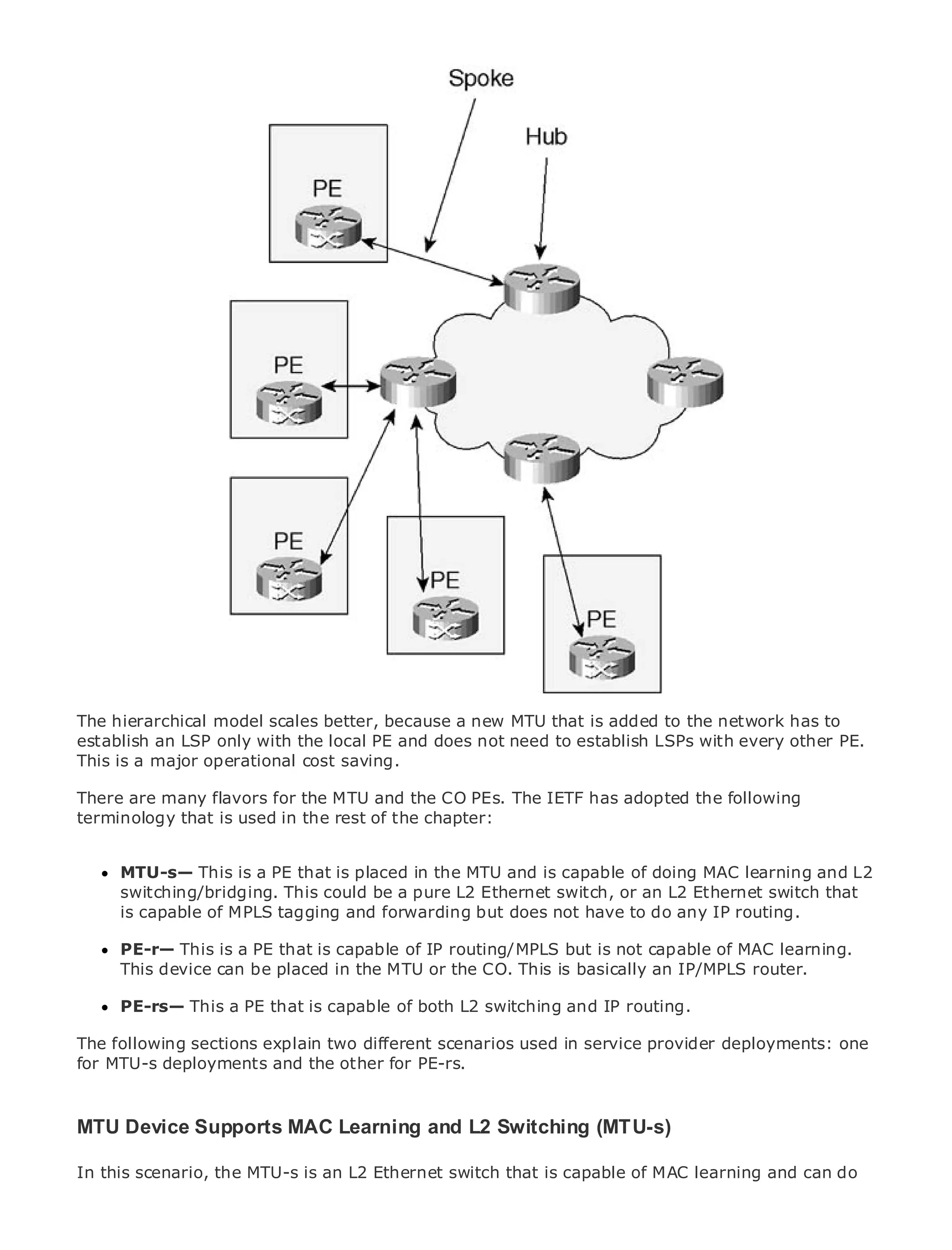 •                Table of Contents
•                Index
Metro Ethernet

BySam Halabi


    Publisher: Cisco Press
    Pub Date: October 01, 2003
        ISBN: 1-58705-096-X
       Pages: 240




The definitive guide to Enterprise and Carrier Metro Ethernet applications.


      Discover the latest developments in metro networking, Ethernet, and MPLS services and
      what they can do for your organization

      Learn from the easy-to-read format that enables networking professionals of all levels to
      understand the concepts

      Gain from the experience of industry innovator and best-selling Cisco Press author, Sam
      Halabi, author of Internet Routing Architectures
The hierarchical model scales better, because a new MTU that is added to the network has to
Metro networks will emerge as the next area of growth for the networking industry and will
establish an LSP only with the local PE and does not need to establish LSPs with every other PE.
represent a major shift in how data services are offered to businesses and residential customers.
This is a major operational cost saving.
The metro has always been a challenging environment for delivering data services because it has
been built many flavors for the MTU and the and PEs. The IETF has for voice. Carriers will have to
There are to handle the stringent reliability CO availability needs adopted the following
go through fundamental shifts to equip the metro for next-generation data services demanded
terminology that is used in the rest of the chapter:
by enterprise customers and consumers. This is not only a technology shift, but also a shift in the
operational and business model that will allow the incumbent carriers to transform the metro to
offer MTU-s— This is a PE that is placed in the MTU and is capable of doing MAC learning and L2
      enhanced data services.
      switching/bridging. This could be a pure L2 Ethernet switch, or an L2 Ethernet switch that
Metrois capable from Cisco Press and forwarding but does of metro data services routing.holistic
       Ethernet of MPLS tagging looks at the deployment not have to do any IP from a
view. It describes the current metro, which is based on TDM technology, and discusses the
drivers and challenges carriers will face of IP routing/MPLS but is not address of MAC learning.
      PE-r— This is a PE that is capable in transforming the metro to capable data services.
      This device can be placed in the MTU or the CO. This is basically an IP/MPLS router.
Metro Ethernet discusses the adoption of metro Ethernet services and how that has led carriers
to the delivery of metrothat is capable With a changing mix and IP routing.
      PE-rs— This a PE data services. of both L2 switching of transport technologies, the book
then examines current and emerging trends, and delves into the role of virtual private networks
The following private explain two different scenarios used in service services (VPLS), traffic
(VPN), virtual sectionslocal area networks (VLAN), virtual private LANprovider deployments: one
for MTU-s deployments and the other for PE-rs.
engineering, and MPLS and Generalized MPLS (GMPLS).


MTU Device Supports MAC Learning and L2 Switching (MTU-s)

In this scenario, the MTU-s is an L2 Ethernet switch that is capable of MAC learning and can do
 