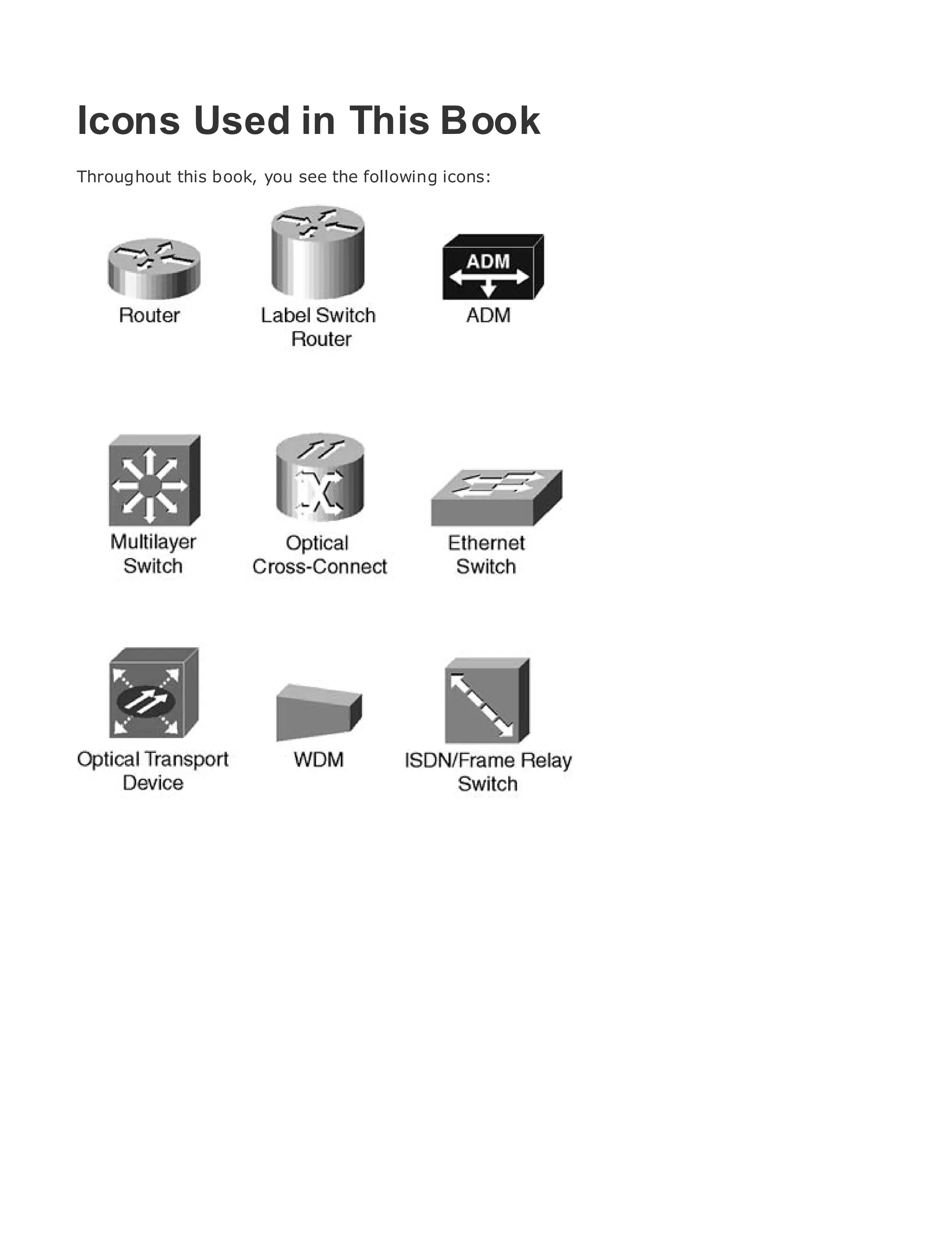 Icons Used in This Book
Throughout this book, you see the following icons:

•                Table of Contents
•                Index
Metro Ethernet

BySam Halabi


    Publisher: Cisco Press
    Pub Date: October 01, 2003
        ISBN: 1-58705-096-X
       Pages: 240




The definitive guide to Enterprise and Carrier Metro Ethernet applications.


      Discover the latest developments in metro networking, Ethernet, and MPLS services and
      what they can do for your organization

      Learn from the easy-to-read format that enables networking professionals of all levels to
      understand the concepts

      Gain from the experience of industry innovator and best-selling Cisco Press author, Sam
      Halabi, author of Internet Routing Architectures

Metro networks will emerge as the next area of growth for the networking industry and will
represent a major shift in how data services are offered to businesses and residential customers.
The metro has always been a challenging environment for delivering data services because it has
been built to handle the stringent reliability and availability needs for voice. Carriers will have to
go through fundamental shifts to equip the metro for next-generation data services demanded
by enterprise customers and consumers. This is not only a technology shift, but also a shift in the
operational and business model that will allow the incumbent carriers to transform the metro to
offer enhanced data services.

Metro Ethernet from Cisco Press looks at the deployment of metro data services from a holistic
view. It describes the current metro, which is based on TDM technology, and discusses the
drivers and challenges carriers will face in transforming the metro to address data services.

Metro Ethernet discusses the adoption of metro Ethernet services and how that has led carriers
to the delivery of metro data services. With a changing mix of transport technologies, the book
then examines current and emerging trends, and delves into the role of virtual private networks
(VPN), virtual private local area networks (VLAN), virtual private LAN services (VPLS), traffic
engineering, and MPLS and Generalized MPLS (GMPLS).
 