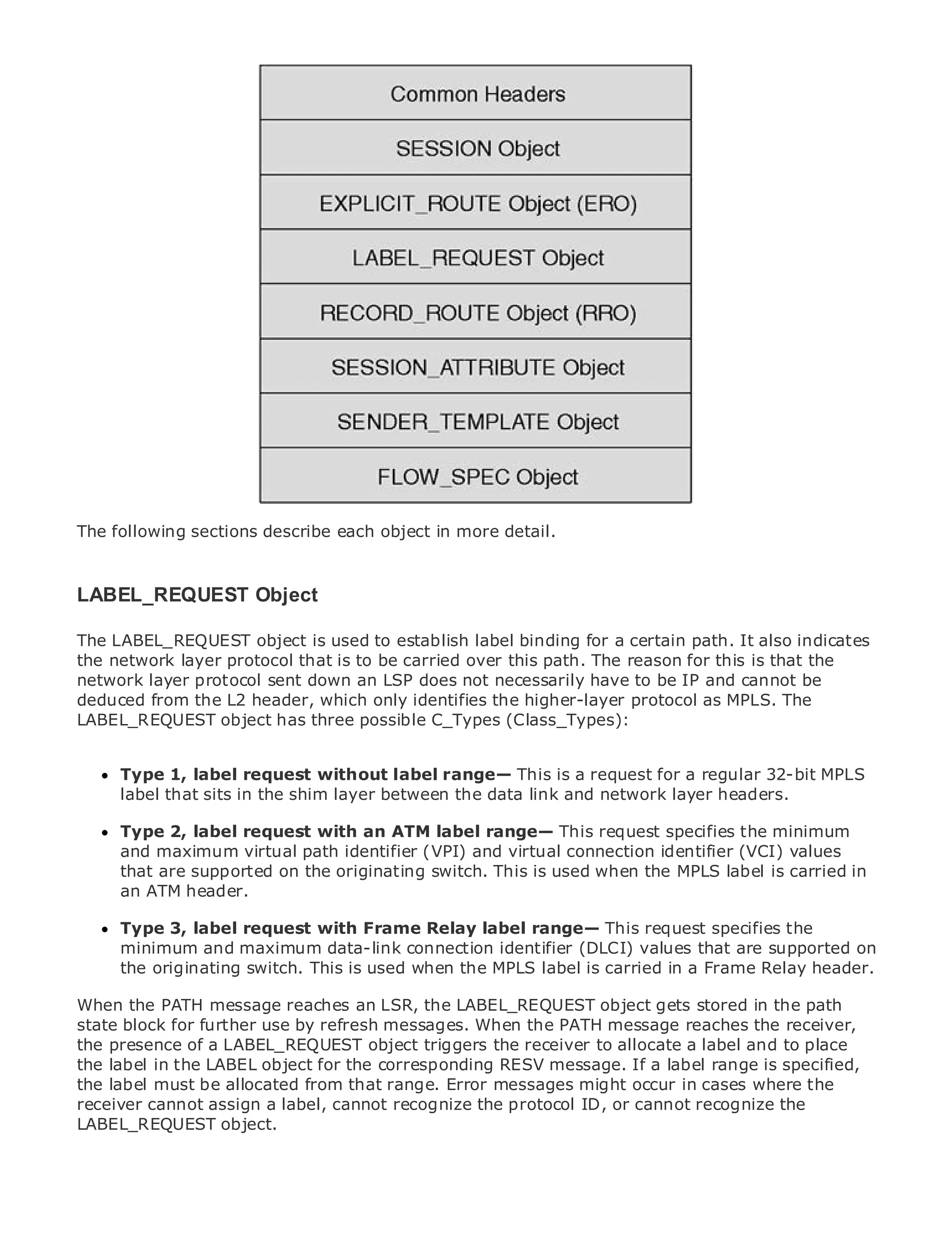 •                Table of Contents
•                Index
Metro Ethernet

BySam Halabi


    Publisher: Cisco Press
    Pub Date: October 01, 2003
        ISBN: 1-58705-096-X
       Pages: 240




The definitive guide to Enterprise and Carrier Metro Ethernet applications.
The following sections describe each object in more detail.
      Discover the latest developments in metro networking, Ethernet, and MPLS services and
      what they can do for your organization
LABEL_REQUEST Object
      Learn from the easy-to-read format that enables networking professionals of all levels to
The LABEL_REQUESTconcepts used to establish label binding for a certain path. It also indicates
      understand the object is
the network layer protocol that is to be carried over this path. The reason for this is that the
network layer protocol sent down industrydoes not necessarily have to be IP and cannot be
      Gain from the experience of an LSP innovator and best-selling Cisco Press author, Sam
deduced from the L2of Internet Routing Architectures higher-layer protocol as MPLS. The
      Halabi, author header, which only identifies the
LABEL_REQUEST object has three possible C_Types (Class_Types):
Metro networks will emerge as the next area of growth for the networking industry and will
represent a major shift in how data services are offered to businesses and residential customers.
The metro haslabel request without label range— This is a request for a regularbecause it has
      Type 1, always been a challenging environment for delivering data services 32-bit MPLS
been label to handle the stringent reliability and availabilityand network layer headers. have to
      built that sits in the shim layer between the data link needs for voice. Carriers will
go through fundamental shifts to equip the metro for next-generation data services demanded
by enterprise customers and consumers. This is not only a This request specifiesalso minimum the
      Type 2, label request with an ATM label range— technology shift, but the a shift in
operational and business model that will allow the incumbent carriers to transform the values to
      and maximum virtual path identifier (VPI) and virtual connection identifier (VCI) metro
offer that are supported on the originating switch. This is used when the MPLS label is carried in
      enhanced data services.
      an ATM header.
Metro Ethernet from Cisco Press looks at the deployment of metro data services from a holistic
view.Type 3, label request with Frame Relay label range— This request specifies the
       It describes the current metro, which is based on TDM technology, and discusses the
drivers and challenges carriersdata-link connection identifiermetro tovalues that are supported on
      minimum and maximum will face in transforming the (DLCI) address data services.
      the originating switch. This is used when the MPLS label is carried in a Frame Relay header.
Metro Ethernet discusses the adoption of metro Ethernet services and how that has led carriers
When delivery message reaches an LSR, the LABEL_REQUEST object gets stored in the path
to the the PATHof metro data services. With a changing mix of transport technologies, the book
state block for current and emerging trends, and delves into the role of virtual private networks
then examines further use by refresh messages. When the PATH message reaches the receiver,
the presence private local area networks triggers the receiver to allocate a label and to place
(VPN), virtualof a LABEL_REQUEST object (VLAN), virtual private LAN services (VPLS), traffic
the label in the LABEL object for the corresponding RESV
engineering, and MPLS and Generalized MPLS (GMPLS). message. If a label range is specified,
the label must be allocated from that range. Error messages might occur in cases where the
receiver cannot assign a label, cannot recognize the protocol ID, or cannot recognize the
LABEL_REQUEST object.
 