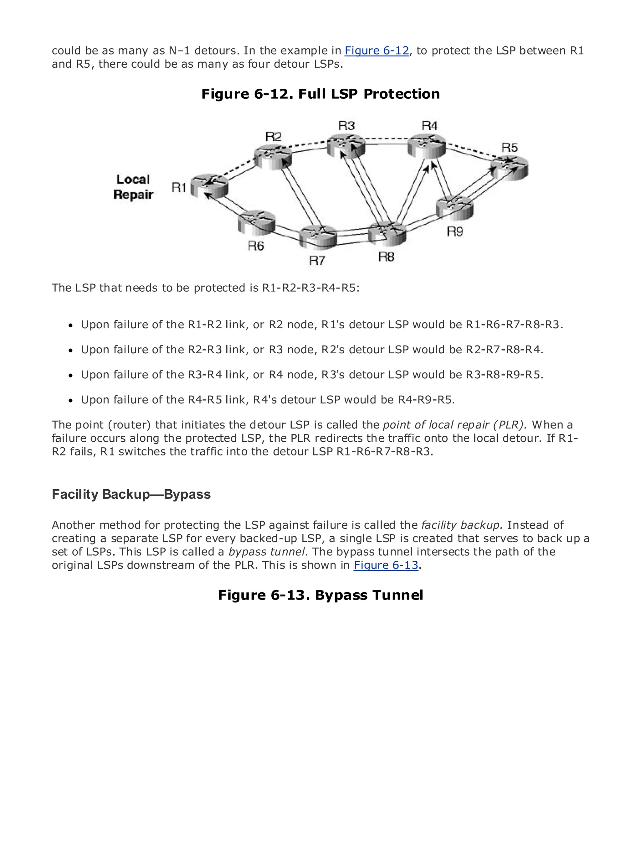 could be as many as N–1 detours. In the example in Figure 6-12, to protect the LSP between R1
and R5, there could be as many as four detour LSPs.

                                 Figure 6-12. Full LSP Protection



•                Table of Contents
•                Index
Metro Ethernet

BySam Halabi


    Publisher: Cisco Press
    Pub Date: October 01, 2003
        ISBN: 1-58705-096-X
       Pages: 240

The LSP that needs to be protected is R1-R2-R3-R4-R5:


      Upon failure of the R1-R2 link, or R2 node, R1's detour LSP would be R1-R6-R7-R8-R3.
The definitive guide to Enterprise and Carrier Metro Ethernet applications.
     Upon failure of the R2-R3 link, or R3 node, R2's detour LSP would be R2-R7-R8-R4.

      Upon failure of the R3-R4 link, or in metro networking, Ethernet, and R3-R8-R9-R5. and
      Discover the latest developments R4 node, R3's detour LSP would be MPLS services
      what they can do for your organization
      Upon failure of the R4-R5 link, R4's detour LSP would be R4-R9-R5.
      Learn from the easy-to-read format that enables networking professionals of all levels to
The point (router) that initiates the detour LSP is called the point of local repair (PLR). When a
      understand the concepts
failure occurs along the protected LSP, the PLR redirects the traffic onto the local detour. If R1-
R2 fails, R1 switches the traffic of industry innovator and best-selling Cisco Press author, Sam
      Gain from the experience into the detour LSP R1-R6-R7-R8-R3.
      Halabi, author of Internet Routing Architectures

Metro networks will emerge as the next area of growth for the networking industry and will
Facility Backup—Bypass
represent a major shift in how data services are offered to businesses and residential customers.
The metro has always been a challenging environment for delivering data backup. Instead of has
Another method for protecting the LSP against failure is called the facility services because it
been built to handleLSP for every backed-upand availability needs for voice. Carriers will have to
creating a separate the stringent reliability LSP, a single LSP is created that serves to back up a
go through fundamental shiftsato equip tunnel. The bypass tunnel intersectsservices demanded
set of LSPs. This LSP is called bypass the metro for next-generation data the path of the
by enterprise downstream of the PLR. This is shown in Figure 6-13.
original LSPs customers and consumers. This is not only a technology shift, but also a shift in the
operational and business model that will allow the incumbent carriers to transform the metro to
offer enhanced data services.
                                     Figure 6-13. Bypass Tunnel
Metro Ethernet from Cisco Press looks at the deployment of metro data services from a holistic
view. It describes the current metro, which is based on TDM technology, and discusses the
drivers and challenges carriers will face in transforming the metro to address data services.

Metro Ethernet discusses the adoption of metro Ethernet services and how that has led carriers
to the delivery of metro data services. With a changing mix of transport technologies, the book
then examines current and emerging trends, and delves into the role of virtual private networks
(VPN), virtual private local area networks (VLAN), virtual private LAN services (VPLS), traffic
engineering, and MPLS and Generalized MPLS (GMPLS).
 