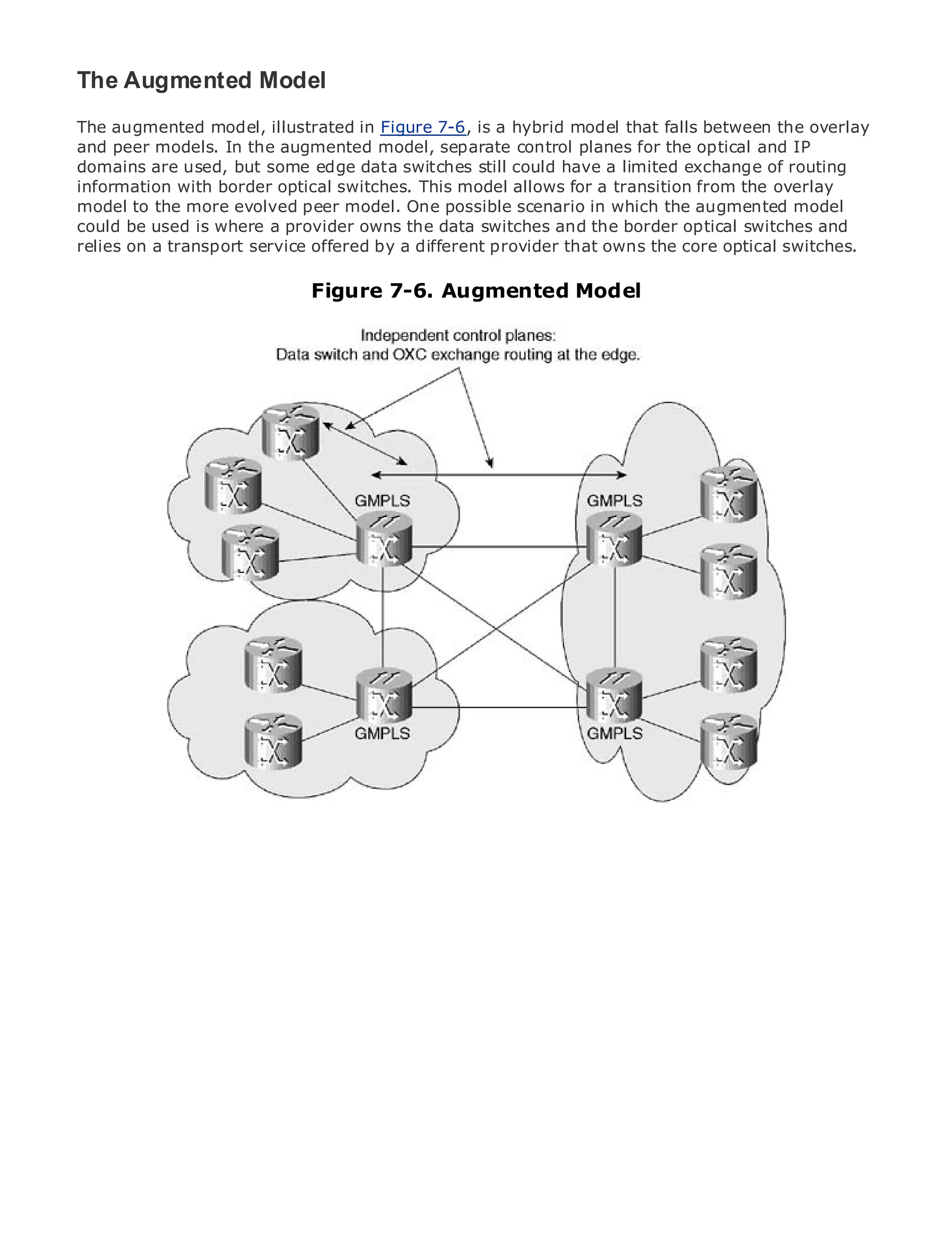 The Augmented Model
The augmented model, illustrated in Figure 7-6, is a hybrid model that falls between the overlay
and peer models. In the augmented model, separate control planes for the optical and IP
domains are used, but some edge data switches still could have a limited exchange of routing
information with border optical switches. This model allows for a transition from the overlay
model to the more evolved peer model. One possible scenario in which the augmented model
•             Table of Contents
could be used is where a provider owns the data switches and the border optical switches and
•             Index
relies on a transport service offered by a different provider that owns the core optical switches.
Metro Ethernet

BySam Halabi                    Figure 7-6. Augmented Model

   Publisher: Cisco Press
   Pub Date: October 01, 2003
       ISBN: 1-58705-096-X
      Pages: 240




The definitive guide to Enterprise and Carrier Metro Ethernet applications.


     Discover the latest developments in metro networking, Ethernet, and MPLS services and
     what they can do for your organization

     Learn from the easy-to-read format that enables networking professionals of all levels to
     understand the concepts

     Gain from the experience of industry innovator and best-selling Cisco Press author, Sam
     Halabi, author of Internet Routing Architectures

Metro networks will emerge as the next area of growth for the networking industry and will
represent a major shift in how data services are offered to businesses and residential customers.
The metro has always been a challenging environment for delivering data services because it has
been built to handle the stringent reliability and availability needs for voice. Carriers will have to
go through fundamental shifts to equip the metro for next-generation data services demanded
by enterprise customers and consumers. This is not only a technology shift, but also a shift in the
operational and business model that will allow the incumbent carriers to transform the metro to
offer enhanced data services.

Metro Ethernet from Cisco Press looks at the deployment of metro data services from a holistic
view. It describes the current metro, which is based on TDM technology, and discusses the
drivers and challenges carriers will face in transforming the metro to address data services.

Metro Ethernet discusses the adoption of metro Ethernet services and how that has led carriers
to the delivery of metro data services. With a changing mix of transport technologies, the book
then examines current and emerging trends, and delves into the role of virtual private networks
(VPN), virtual private local area networks (VLAN), virtual private LAN services (VPLS), traffic
engineering, and MPLS and Generalized MPLS (GMPLS).
 