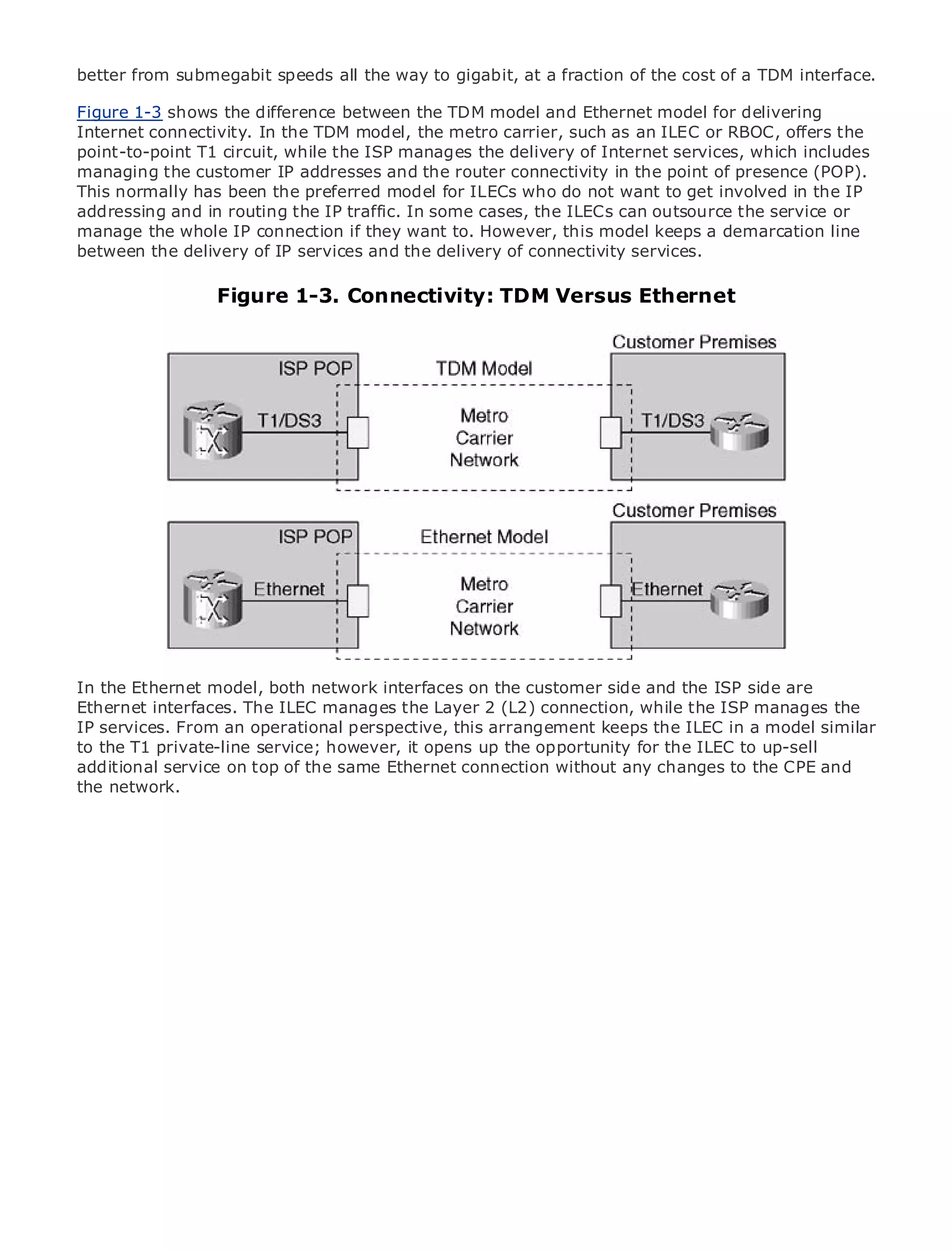 better from submegabit speeds all the way to gigabit, at a fraction of the cost of a TDM interface.

Figure 1-3 shows the difference between the TDM model and Ethernet model for delivering
Internet connectivity. In the TDM model, the metro carrier, such as an ILEC or RBOC, offers the
point-to-point T1 circuit, while the ISP manages the delivery of Internet services, which includes
managing the customer IP addresses and the router connectivity in the point of presence (POP).
This normally has been the preferred model for ILECs who do not want to get involved in the IP
addressing and in routing the IP traffic. In some cases, the ILECs can outsource the service or
•            Table of Contents
manage the whole IP connection if they want to. However, this model keeps a demarcation line
•            Index
between the delivery of IP services and the delivery of connectivity services.
Metro Ethernet

BySam Halabi
                     Figure 1-3. Connectivity: TDM Versus Ethernet
   Publisher: Cisco Press
   Pub Date: October 01, 2003
       ISBN: 1-58705-096-X
      Pages: 240




The definitive guide to Enterprise and Carrier Metro Ethernet applications.


     Discover the latest developments in metro networking, Ethernet, and MPLS services and
     what they can do for your organization

     Learn from the easy-to-read format that enables networking professionals of all levels to
     understand the concepts

      Gain from the experience of industry innovator and best-selling Cisco Press author, Sam
In the Ethernet model,Internet Routing Architectures customer side and the ISP side are
      Halabi, author of both network interfaces on the
Ethernet interfaces. The ILEC manages the Layer 2 (L2) connection, while the ISP manages the
IP services. From anemerge as the next area of growth for the networking ILEC in a and will
Metro networks will operational perspective, this arrangement keeps the industry model similar
to the T1 private-line service; however, it opens offered opportunity for theresidential customers.
represent a major shift in how data services are up the to businesses and ILEC to up-sell
additional service on top of the same Ethernet connection without any changes to the CPE and
The metro has always been a challenging environment for delivering data services because it has
the network. handle the stringent reliability and availability needs for voice. Carriers will have to
been built to
go through fundamental shifts to equip the metro for next-generation data services demanded
by enterprise customers and consumers. This is not only a technology shift, but also a shift in the
operational and business model that will allow the incumbent carriers to transform the metro to
offer enhanced data services.

Metro Ethernet from Cisco Press looks at the deployment of metro data services from a holistic
view. It describes the current metro, which is based on TDM technology, and discusses the
drivers and challenges carriers will face in transforming the metro to address data services.

Metro Ethernet discusses the adoption of metro Ethernet services and how that has led carriers
to the delivery of metro data services. With a changing mix of transport technologies, the book
then examines current and emerging trends, and delves into the role of virtual private networks
(VPN), virtual private local area networks (VLAN), virtual private LAN services (VPLS), traffic
engineering, and MPLS and Generalized MPLS (GMPLS).
 