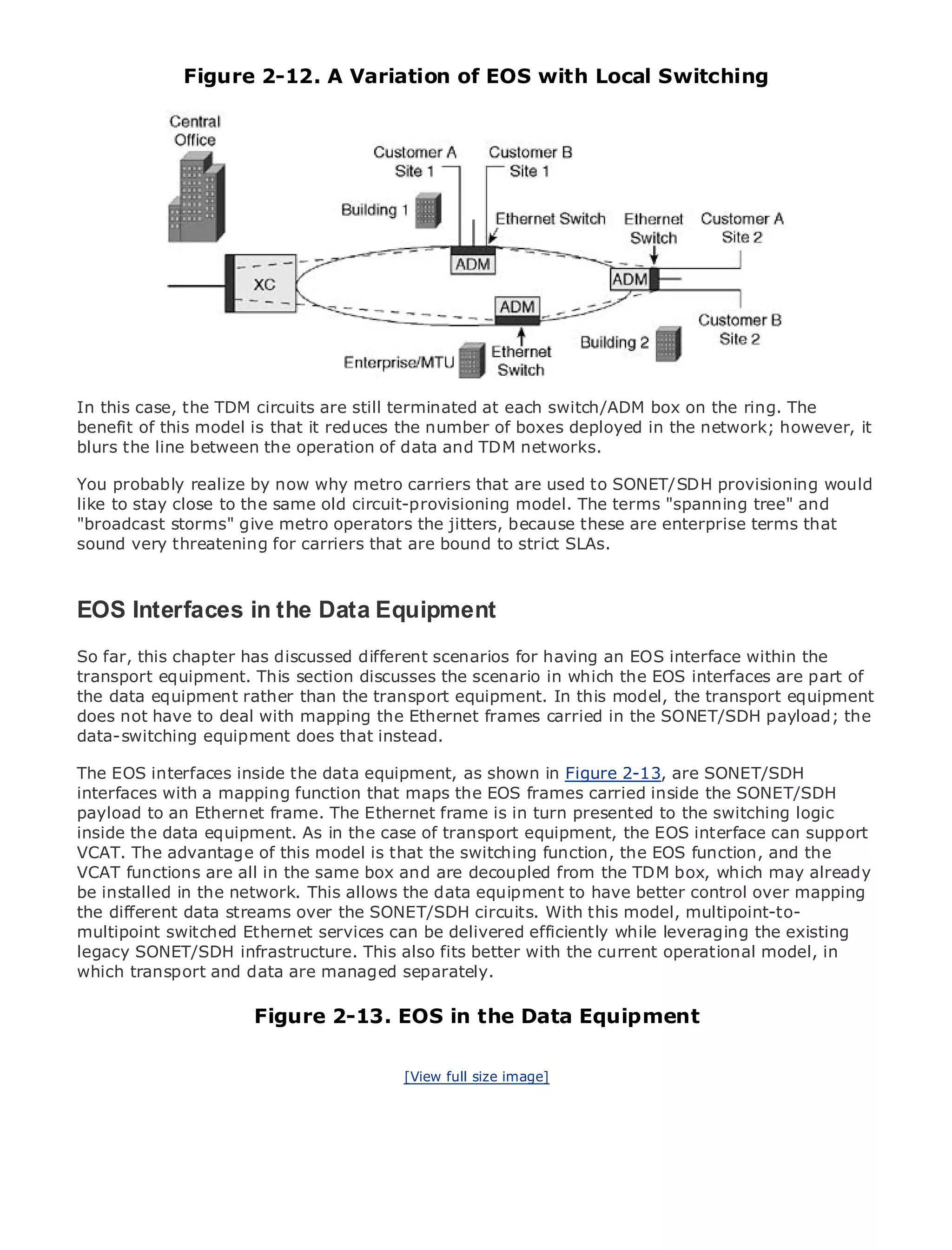 Figure 2-12. A Variation of EOS with Local Switching




•                Table of Contents
•                Index
Metro Ethernet

BySam Halabi


    Publisher: Cisco Press
    Pub Date: October 01, 2003
        ISBN: 1-58705-096-X
      Pages: 240
In this case, the TDM circuits are still terminated at each switch/ADM box on the ring. The
benefit of this model is that it reduces the number of boxes deployed in the network; however, it
blurs the line between the operation of data and TDM networks.

You probably realize by now why metro carriers that are used to SONET/SDH provisioning would
like definitive guide to same old and Carrier Metro Ethernet applications.
The to stay close to theEnterprise circuit-provisioning model. The terms "spanning tree" and
"broadcast storms" give metro operators the jitters, because these are enterprise terms that
sound very threatening for carriers that are bound to strict SLAs.
      Discover the latest developments in metro networking, Ethernet, and MPLS services and
      what they can do for your organization
EOS Interfaces easy-to-read format that enables networking professionals of all levels to
   Learn from the in the Data Equipment
      understand the concepts
So far, this chapter has discussed different scenarios for having an EOS interface within the
transport equipment. This section industry innovator and in which theCisco interfaces are part of
      Gain from the experience of discusses the scenario best-selling EOS Press author, Sam
the data equipment of Internet Routing Architectures
      Halabi, author rather than the transport equipment. In this model, the transport equipment
does not have to deal with mapping the Ethernet frames carried in the SONET/SDH payload; the
Metro networksequipment doesthe next area of growth for the networking industry and will
data-switching will emerge as that instead.
represent a major shift in how data services are offered to businesses and residential customers.
The metro has always been a data equipment, as shown indelivering data services because it has
     EOS interfaces inside the challenging environment for Figure 2-13, are SONET/SDH
been built with a mapping function that maps the EOS frames carried inside Carriers will have to
interfaces to handle the stringent reliability and availability needs for voice. the SONET/SDH
go through an Ethernet frame. The Ethernetmetro for in turn presented data services demanded
payload to fundamental shifts to equip the frame is next-generation to the switching logic
by enterprise customers and consumers. This is not only a technology EOS interface can support
inside the data equipment. As in the case of transport equipment, the shift, but also a shift in the
operationaladvantage of this model iswill allow switching function, the EOS function,the metro to
VCAT. The and business model that that the the incumbent carriers to transform and the
offer enhanced dataall in the same box and are decoupled from the TDM box, which may already
VCAT functions are services.
be installed in the network. This allows the data equipment to have better control over mapping
Metro Ethernet from Cisco over the SONET/SDH circuits. With this model, multipoint-to-holistic
the different data streams Press looks at the deployment of metro data services from a
view. It describes the current serviceswhich isdelivered efficiently while leveraging the existing
multipoint switched Ethernet metro, can be based on TDM technology, and discusses the
drivers SONET/SDH infrastructure. This also fits better with the current operational services.
legacy and challenges carriers will face in transforming the metro to address data model, in
which transport and data are managed separately.
Metro Ethernet discusses the adoption of metro Ethernet services and how that has led carriers
to the delivery of metro data services. With a changing mix of transport technologies, the book
then examines current and emerging trends, andthe Data Equipment
                       Figure 2-13. EOS in delves into the role of virtual private networks
(VPN), virtual private local area networks (VLAN), virtual private LAN services (VPLS), traffic
engineering, and MPLS and Generalized MPLS (GMPLS).
                                        [View full size image]
 