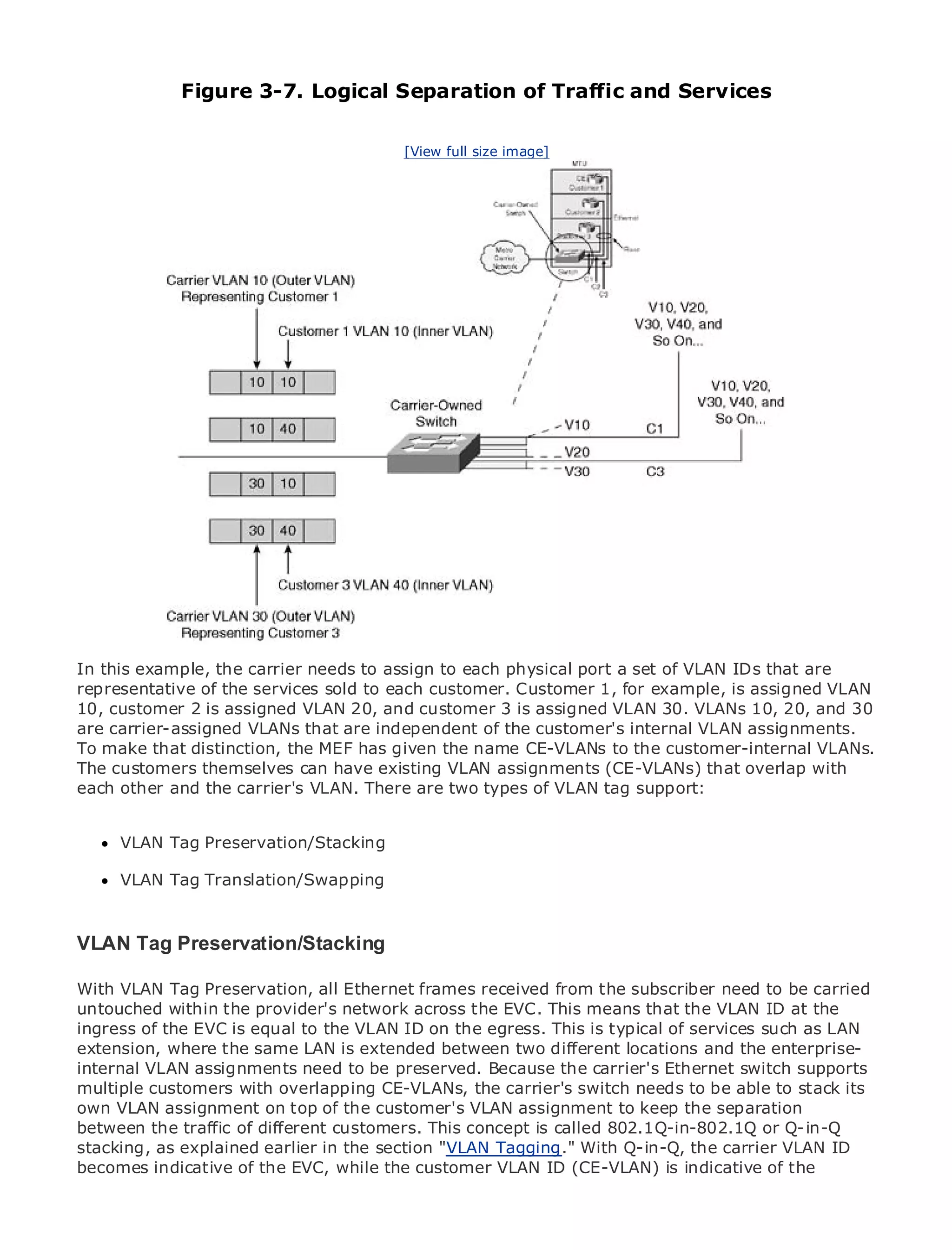 Figure 3-7. Logical Separation of Traffic and Services

                                         [View full size image]




•                Table of Contents
•                Index
Metro Ethernet

BySam Halabi


    Publisher: Cisco Press
    Pub Date: October 01, 2003
        ISBN: 1-58705-096-X
       Pages: 240




The definitive guide to Enterprise and Carrier Metro Ethernet applications.


      Discover the latest developments in metro networking, Ethernet, and MPLS services and
      what they can do for your organization

      Learn from the easy-to-read format that enables networking professionals of all levels to
      understand the concepts
In this example, the carrier needsindustry innovator physical port a set of VLAN IDs that are
      Gain from the experience of to assign to each and best-selling Cisco Press author, Sam
representative of the services sold to each customer. Customer 1, for example, is assigned VLAN
      Halabi, author of Internet Routing Architectures
10, customer 2 is assigned VLAN 20, and customer 3 is assigned VLAN 30. VLANs 10, 20, and 30
are carrier-assigned VLANs as the next area of growth customer's internal VLAN assignments.
Metro networks will emergethat are independent of the for the networking industry and will
To make a major shift in how data services are offered to businesses and residential customers.
representthat distinction, the MEF has given the name CE-VLANs to the customer-internal VLANs.
The customers themselves a challenging environment for delivering data services because it
The metro has always beencan have existing VLAN assignments (CE-VLANs) that overlap withhas
each built and the carrier's VLAN. There are two types of VLAN tag support:
been other to handle the stringent reliability and availability needs for voice. Carriers will have to
go through fundamental shifts to equip the metro for next-generation data services demanded
by enterprise customers and consumers. This is not only a technology shift, but also a shift in the
      VLAN Tag Preservation/Stacking
operational and business model that will allow the incumbent carriers to transform the metro to
offer enhanced data services.
      VLAN Tag Translation/Swapping
Metro Ethernet from Cisco Press looks at the deployment of metro data services from a holistic
view. It describes the current metro, which is based on TDM technology, and discusses the
VLAN Tag challenges carriers will face in transforming the metro to address data services.
drivers and Preservation/Stacking

Metro Ethernet Preservation, all Ethernet metro Ethernet services and how that has ledbe carried
With VLAN Tag discusses the adoption of frames received from the subscriber need to carriers
to the delivery of metro data services. With a changing mix of means that the VLAN ID thethe
untouched within the provider's network across the EVC. This transport technologies, at book
then examines current and to the VLAN ID on and delves into the typical of services such as LAN
ingress of the EVC is equal emerging trends, the egress. This is role of virtual private networks
(VPN), virtual private same area is extended between two different locations and the enterprise-
extension, where the local LAN networks (VLAN), virtual private LAN services (VPLS), traffic
engineering, and MPLS and need to be preserved. Because the carrier's Ethernet switch supports
internal VLAN assignments Generalized MPLS (GMPLS).
multiple customers with overlapping CE-VLANs, the carrier's switch needs to be able to stack its
own VLAN assignment on top of the customer's VLAN assignment to keep the separation
between the traffic of different customers. This concept is called 802.1Q-in-802.1Q or Q-in-Q
stacking, as explained earlier in the section "VLAN Tagging." With Q-in-Q, the carrier VLAN ID
becomes indicative of the EVC, while the customer VLAN ID (CE-VLAN) is indicative of the
 