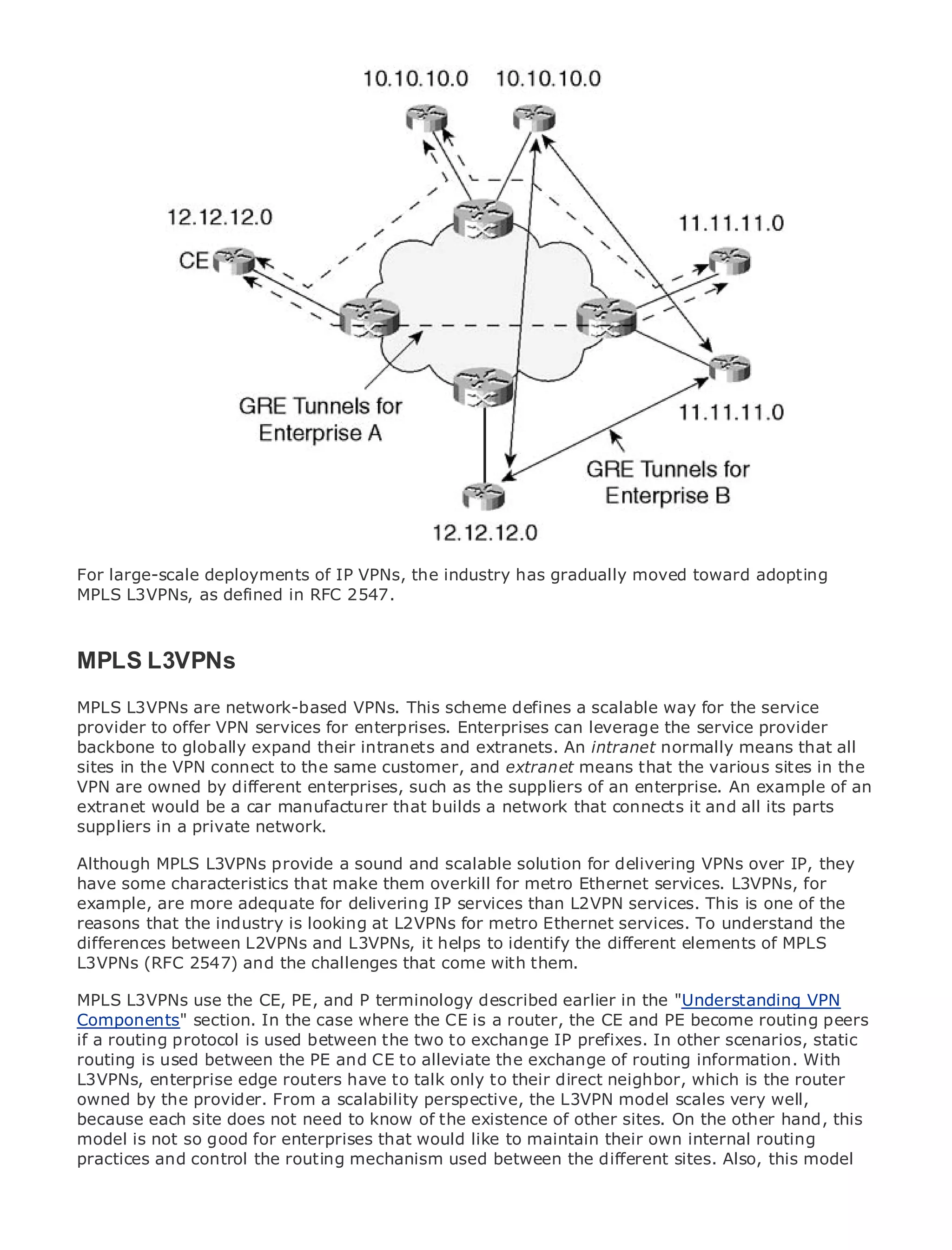 •                Table of Contents
•                Index
Metro Ethernet

BySam Halabi


    Publisher: Cisco Press
    Pub Date: October 01, 2003
        ISBN: 1-58705-096-X
       Pages: 240




The definitive guide to Enterprise and Carrier Metro Ethernet applications.


      Discover the latest developments in metro networking, Ethernet, and MPLS services and
For large-scale deployments of IP VPNs, the industry has gradually moved toward adopting
      what they can do for your organization
MPLS L3VPNs, as defined in RFC 2547.
      Learn from the easy-to-read format that enables networking professionals of all levels to
      understand the concepts
MPLS L3VPNs
      Gain from the experience of industry innovator and best-selling Cisco Press author, Sam
      Halabi, author of Internet Routing Architectures
MPLS L3VPNs are network-based VPNs. This scheme defines a scalable way for the service
provider to offerwill emerge asfor enterprises.of growth forcan leverage theindustry provider
Metro networks VPN services the next area Enterprises the networking service and will
backbone tomajor shift in how data services and extranets. businesses and residential customers.
represent a globally expand their intranets are offered to An intranet normally means that all
sitesmetro has always beenthe same customer, and extranet means that the various sites init has
The in the VPN connect to a challenging environment for delivering data services because the
VPN are owned by different enterprises, such as availability needs for voice. Carriers will have an
been built to handle the stringent reliability and the suppliers of an enterprise. An example of to
extranet would be a car manufacturer that builds a network that connects it and all its parts
go through fundamental shifts to equip the metro for next-generation data services demanded
suppliers in a customers and consumers. This is not only a technology shift, but also a shift in the
by enterprise private network.
operational and business model that will allow the incumbent carriers to transform the metro to
Although MPLS data services. a sound and scalable solution for delivering VPNs over IP, they
offer enhanced L3VPNs provide
have some characteristics that make them overkill for metro Ethernet services. L3VPNs, for
example, are more adequate for looks at the deployment of L2VPN data services from a of the
Metro Ethernet from Cisco Press delivering IP services than metro services. This is one holistic
reasons describes the current metro, which is based on TDM technology, and discusses thethe
view. It that the industry is looking at L2VPNs for metro Ethernet services. To understand
differences between L2VPNs and L3VPNs, it helps to identifymetro to address data services.
drivers and challenges carriers will face in transforming the the different elements of MPLS
L3VPNs (RFC 2547) and the challenges that come with them.
Metro Ethernet discusses the adoption of metro Ethernet services and how that has led carriers
MPLS delivery of the CE, PE, and P terminology described of transport "Understanding VPN
to the L3VPNs usemetro data services. With a changing mixearlier in the technologies, the book
Components" section. and emerging trends, and a router, the CE and virtual private networks
then examines currentIn the case where the CE isdelves into the role of PE become routing peers
if a routing protocol is used between the two to exchange IP prefixes. In other scenarios, static
(VPN), virtual private local area networks (VLAN), virtual private LAN services (VPLS), traffic
routing is used between the PE and CE to alleviate the exchange of routing information. With
engineering, and MPLS and Generalized MPLS (GMPLS).
L3VPNs, enterprise edge routers have to talk only to their direct neighbor, which is the router
owned by the provider. From a scalability perspective, the L3VPN model scales very well,
because each site does not need to know of the existence of other sites. On the other hand, this
model is not so good for enterprises that would like to maintain their own internal routing
practices and control the routing mechanism used between the different sites. Also, this model
 