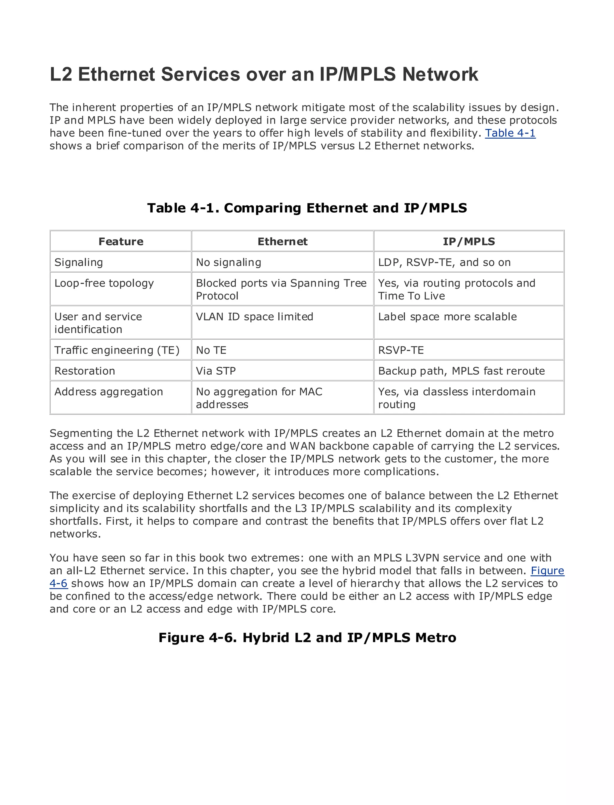 L2 Ethernet Services over an IP/MPLS Network
The inherent properties of an IP/MPLS network mitigate most of the scalability issues by design.
IP and MPLS have been widely deployed in large service provider networks, and these protocols
have been fine-tuned over the years to offer high levels of stability and flexibility. Table 4-1
•           Table of Contents
shows a brief comparison of the merits of IP/MPLS versus L2 Ethernet networks.
•                Index
Metro Ethernet

BySam Halabi

                         Table 4-1. Comparing Ethernet and IP/MPLS
    Publisher: Cisco Press
    Pub Date: October 01, 2003
           Feature
        ISBN: 1-58705-096-X                 Ethernet                           IP/MPLS
 Signaling 240
      Pages:
                                 No signaling                      LDP, RSVP-TE, and so on

 Loop-free topology              Blocked ports via Spanning Tree   Yes, via routing protocols and
                                 Protocol                          Time To Live

 User and service           VLAN ID space limited              Label space more scalable
The definitive guide to Enterprise and Carrier Metro Ethernet applications.
 identification

 Traffic engineering (TE)    No TE                           RSVP-TE
      Discover the latest developments in metro networking, Ethernet, and MPLS services and
 Restoration
      what they can do for your STP
                             Via organization                Backup path, MPLS fast reroute

 Address aggregation      No aggregation for MAC           Yes, via classless interdomain
     Learn from the easy-to-read format that enables networking professionals of all levels to
                          addresses                        routing
     understand the concepts

Segmenting thethe Ethernet network with IP/MPLS creates an L2 Ethernet domain at the Sam
      Gain from L2 experience of industry innovator and best-selling Cisco Press author, metro
access and an IP/MPLSInternet Routing Architectures
      Halabi, author of metro edge/core and WAN backbone capable of carrying the L2 services.
As you will see in this chapter, the closer the IP/MPLS network gets to the customer, the more
scalable the service becomes; the next it introduces more complications.
Metro networks will emerge ashowever, area of growth for the networking industry and will
represent a major shift in how data services are offered to businesses and residential customers.
     exercise of deploying Ethernet L2 services becomes one of balance between the L2 Ethernet
The metro has always been a challenging environment for delivering data services because it has
simplicity to handle the stringent reliability and IP/MPLS scalability voice. Carriers will
been built and its scalability shortfalls and the L3availability needs forand its complexity have to
shortfalls. First, it helps shifts to equip contrast for next-generation data offers over flat L2
go through fundamental to compare andthe metrothe benefits that IP/MPLS services demanded
networks.
by enterprise customers and consumers. This is not only a technology shift, but also a shift in the
operational and business model that will allow the incumbent carriers to transform the metro to
You have seen so farservices.
offer enhanced data in this book two extremes: one with an MPLS L3VPN service and one with
an all-L2 Ethernet service. In this chapter, you see the hybrid model that falls in between. Figure
4-6 shows how from Cisco Press looks at the deploymenthierarchy data allows the L2 services to
Metro Ethernet an IP/MPLS domain can create a level of of metro that services from a holistic
be confined to the the current metro, which is based on TDM technology, and discusses the
view. It describes access/edge network. There could be either an L2 access with IP/MPLS edge
and core or challenges carriers will with in transforming the metro to address data services.
drivers and an L2 access and edge face IP/MPLS core.

Metro Ethernet discusses the adoption of metro Ethernet services and how that has led carriers
                     Figure 4-6. Hybrid L2 and IP/MPLS Metro
to the delivery of metro data services. With a changing mix of transport technologies, the book
then examines current and emerging trends, and delves into the role of virtual private networks
(VPN), virtual private local area networks (VLAN), virtual private LAN services (VPLS), traffic
engineering, and MPLS and Generalized MPLS (GMPLS).
 