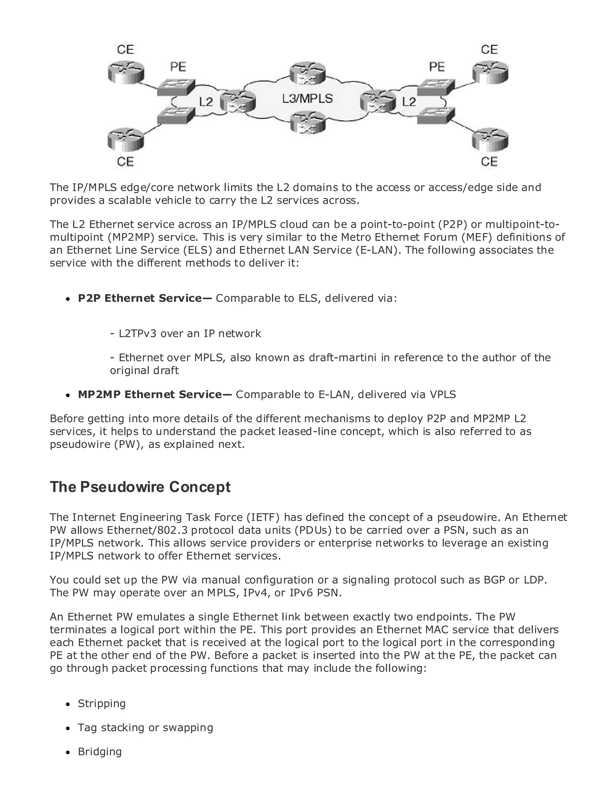 •                Table of Contents
•                Index
Metro Ethernet

BySam Halabi edge/core network limits the L2 domains to the access or access/edge side and
The IP/MPLS
provides a scalable vehicle to carry the L2 services across.
    Publisher: Cisco Press
The L2 Ethernet service across an IP/MPLS cloud can be a point-to-point (P2P) or multipoint-to-
   Pub Date: October 01, 2003
multipoint (MP2MP) service. This is very similar to the Metro Ethernet Forum (MEF) definitions of
       ISBN: 1-58705-096-X
an Ethernet Line Service (ELS) and Ethernet LAN Service (E-LAN). The following associates the
service with240 different methods to deliver it:
      Pages: the



      P2P Ethernet Service— Comparable to ELS, delivered via:

The definitive guide to Enterprise and Carrier Metro Ethernet applications.
            - L2TPv3 over an IP network

            - Ethernet over MPLS, also known as draft-martini in reference to the author of the
      Discover the latest developments in metro networking, Ethernet, and MPLS services and
            original draft
      what they can do for your organization
      MP2MP Ethernet Service— Comparable to E-LAN, delivered via VPLS
      Learn from the easy-to-read format that enables networking professionals of all levels to
      understand the concepts
Before getting into more details of the different mechanisms to deploy P2P and MP2MP L2
services, it helps to understand the packet leased-line concept, which is also referred to as
      Gain from the experience of industry innovator and best-selling Cisco Press author, Sam
pseudowire (PW), as explained next.
      Halabi, author of Internet Routing Architectures

Metro networks will emerge as the next area of growth for the networking industry and will
The Pseudowire Concept services are offered to businesses and residential customers.
represent a major shift in how data
The metro has always been a challenging environment for delivering data services because it has
been built to Engineeringstringent reliability and defined the needs for voice. Carriers will Ethernet
The Internet handle the Task Force (IETF) has availability concept of a pseudowire. An have to
go throughEthernet/802.3 protocol datathe metro for to be carried over a PSN, suchdemanded
PW allows fundamental shifts to equip units (PDUs) next-generation data services as an
by enterprise customers and consumers. This is or enterprise networksshift, but also a existing the
IP/MPLS network. This allows service providers not only a technology to leverage an shift in
operational and business model that will allow the incumbent carriers to transform the metro to
IP/MPLS network to offer Ethernet services.
offer enhanced data services.
You could set up the PW via manual configuration or a signaling protocol such as BGP or LDP.
Metro Ethernet from Cisco an MPLS, IPv4,the deployment of metro data services from a holistic
The PW may operate over Press looks at or IPv6 PSN.
view. It describes the current metro, which is based on TDM technology, and discusses the
drivers and PW emulates a single face in link between exactly two address data services.
An Ethernet challenges carriers willEthernettransforming the metro to endpoints. The PW
terminates a logical port within the PE. This port provides an Ethernet MAC service that delivers
MetroEthernet packet thatthereceived at the logical port to the logical port in the corresponding
each Ethernet discusses is adoption of metro Ethernet services and how that has led carriers
to thethe other of metro data services.a packet is inserted into transport technologies, the book
PE at delivery end of the PW. Before With a changing mix of the PW at the PE, the packet can
then examines current and emerging trends,may includeinto following: virtual private networks
go through packet processing functions that and delves the the role of
(VPN), virtual private local area networks (VLAN), virtual private LAN services (VPLS), traffic
engineering, and MPLS and Generalized MPLS (GMPLS).
      Stripping

      Tag stacking or swapping

      Bridging
 