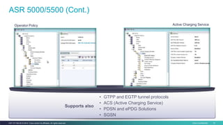 Cisco Confidential 15C97-731162-00 © 2014 Cisco and/or its affiliates. All rights reserved.
ASR 5000/5500 (Cont.)
Operator Policy Active Charging Service
• GTPP and EGTP tunnel protocols
• ACS (Active Charging Service)
• PDSN and ePDG Solutions
• SGSN
Supports also
 