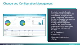 Cisco Confidential 16C97-731162-00 © 2014 Cisco and/or its affiliates. All rights reserved.
Change and Configuration Management
• Dedicated web interfaces to
manage the software and device
configuration changes that are
made to devices in your network.
Device configuration management
tools are provided by the
Configuration Management
function, and software image
management tools are provided
by the Image Management
function
• HTTP Dashboard
• Exec reports
• Most recent configuration
changes
 