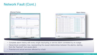 Cisco Confidential 23C97-731162-00 © 2014 Cisco and/or its affiliates. All rights reserved.
Network Fault (Cont.)
• Complete alarm history with every single trap/syslog or service alarm correlated by an outage
• Hierarchical correlation tree, representing the causal relationships between the alarms, starting
from the "topmost" root cause alarm
• Potential and actual services affected by a fault
Affected Parties Alarm History
 