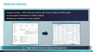 Cisco Confidential 29C97-731162-00 © 2014 Cisco and/or its affiliates. All rights reserved.
• Syslog and traps - 1000 events per second, with bursts of well over 3000 events
• Incoming alarm notifications for offline analysis
• Northbound notifications to other systems
Network Alarms
High-Volume Trap and Syslog Management
 