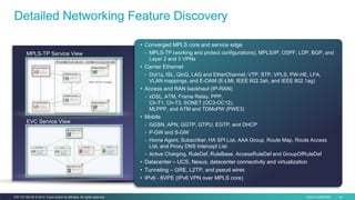 Cisco Confidential 32C97-731162-00 © 2014 Cisco and/or its affiliates. All rights reserved.
MPLS-TP Service View
EVC Service View
Detailed Networking Feature Discovery
• Converged MPLS core and service edge
- MPLS-TP (working and protect configurations), MPLS/IP, OSPF, LDP, BGP, and
Layer 2 and 3 VPNs
• Carrier Ethernet
- Dot1q, ISL, QinQ, LAG and EtherChannel, VTP, STP, VPLS, PW-HE, LFA,
VLAN mappings, and E-OAM (E-LMI, IEEE 802.3ah, and IEEE 802.1ag)
• Access and RAN backhaul (IP-RAN)
- xDSL, ATM, Frame Relay, PPP,
Ch-T1, Ch-T3, SONET (OC3-OC12),
MLPPP, and ATM and TDMoPW (PWE3)
• Mobile
- GGSN, APN, GGTP, GTPU, EGTP, and DHCP
- P-GW and S-GW
- Home Agent, Subscriber, HA SPI List, AAA Group, Route Map, Route Access
List, and Proxy DNS Intercept List
- Active Charging, RuleDef, RuleBase, AccessRuleDef and GroupOfRuleDef
• Datacenter – UCS, Nexus, datacenter connectivity and virtualization
• Tunneling – GRE, L2TP, and pseud wires
• IPv6 - 6VPE (IPv6 VPN over MPLS core)
 