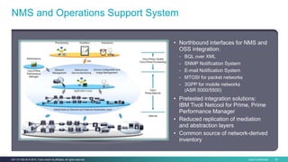 Cisco Confidential 40C97-731162-00 © 2014 Cisco and/or its affiliates. All rights reserved.
• Northbound interfaces for NMS and
OSS integration:
- BQL over XML
- SNMP Notification System
- E-mail Notification System
- MTOSI for packet networks
- 3GPP for mobile networks
(ASR 5000/5500)
• Pretested integration solutions:
IBM Tivoli Netcool for Prime, Prime
Performance Manager
• Reduced replication of mediation
and abstraction layers
• Common source of network-derived
inventory
NMS and Operations Support System
 