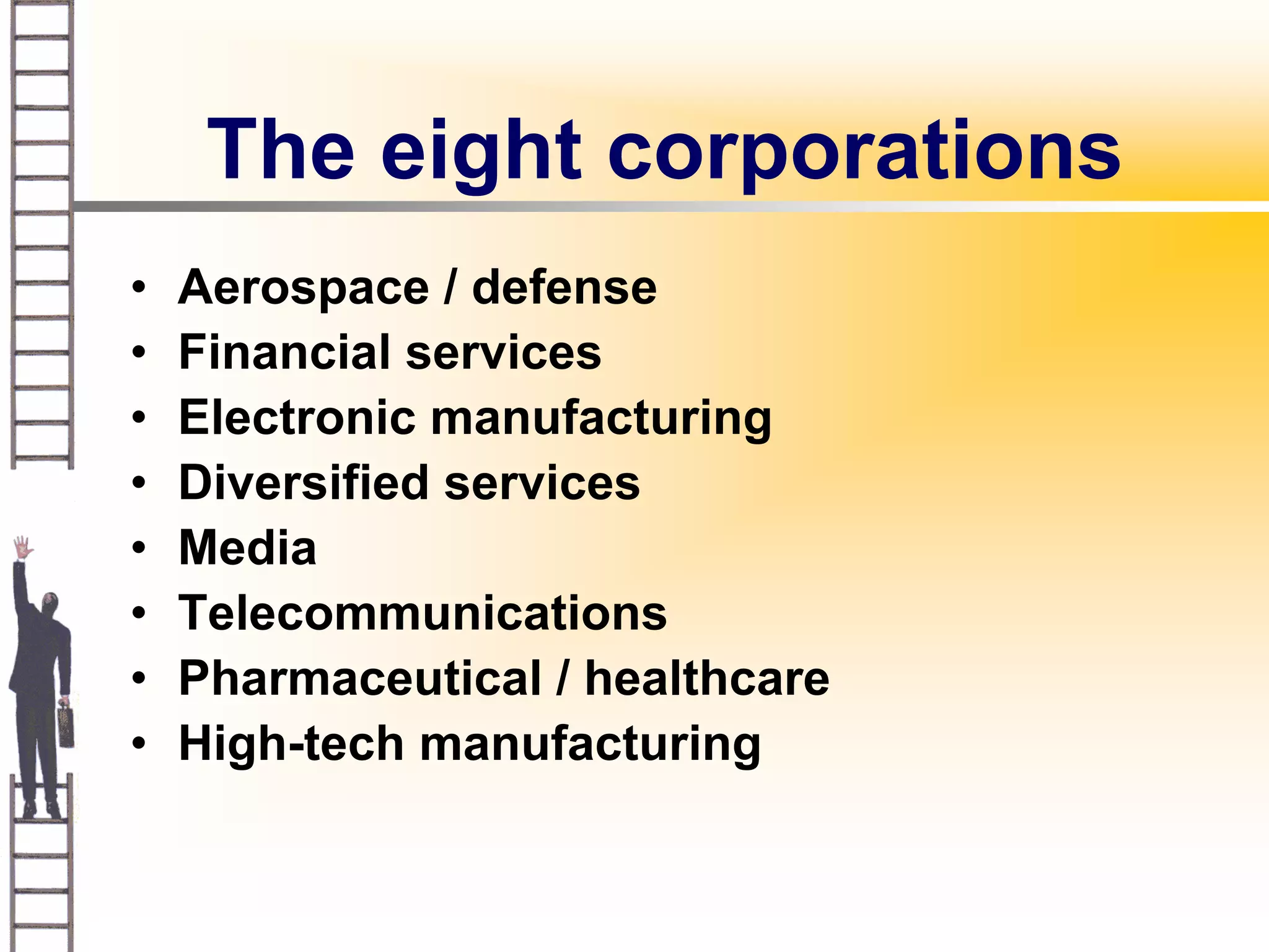 The eight corporations
•   Aerospace / defense
•   Financial services
•   Electronic manufacturing
•   Diversified services
•   Media
•   Telecommunications
•   Pharmaceutical / healthcare
•   High-tech manufacturing
 