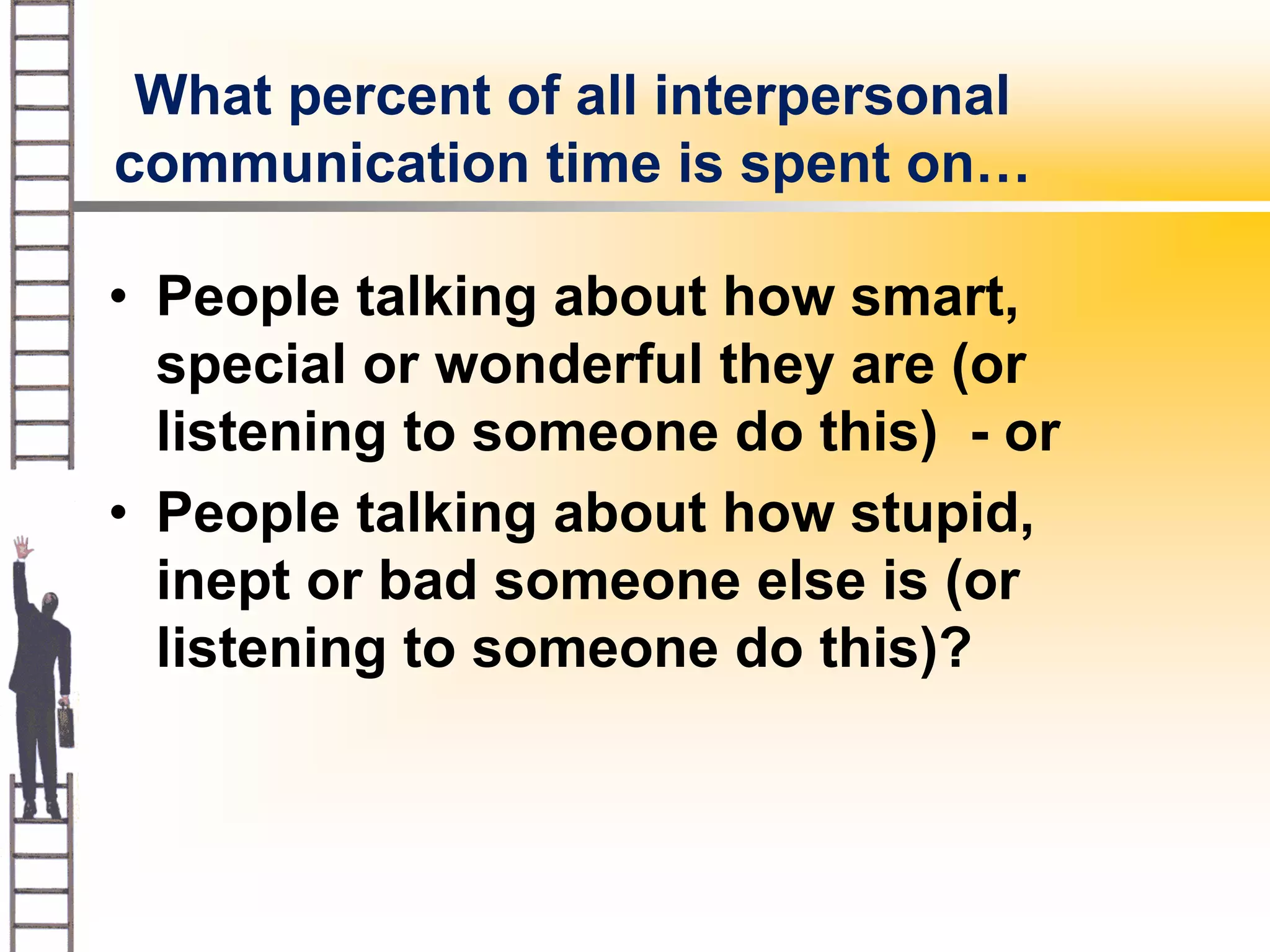What percent of all interpersonal
communication time is spent on…

• People talking about how smart,
  special or wonderful they are (or
  listening to someone do this) - or
• People talking about how stupid,
  inept or bad someone else is (or
  listening to someone do this)?
 