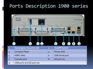 Ports Description 1900 series 
1 2 3 4 5 6 7 8 9 
1 Kensington Security slot 2 On/Off Switch 
3 Compact Flash 4 Power Inlet 
5 HWIC slots 6 USB Serial port 
7 Console port 8 GE port 0/1 
9 USB ports and GE port 0/0 
 