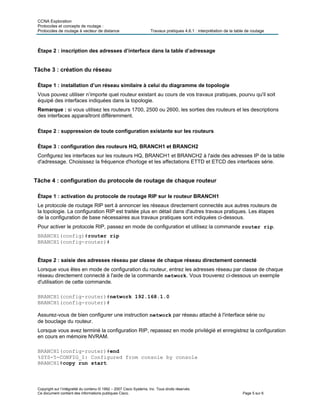 CCNA Exploration
Protocoles et concepts de routage :
Protocoles de routage à vecteur de distance Travaux pratiques 4.6.1 : interprétation de la table de routage
Étape 2 : inscription des adresses d’interface dans la table d’adressage
Tâche 3 : création du réseau
Étape 1 : installation d’un réseau similaire à celui du diagramme de topologie
Vous pouvez utiliser n’importe quel routeur existant au cours de vos travaux pratiques, pourvu qu'il soit
équipé des interfaces indiquées dans la topologie.
Remarque : si vous utilisez les routeurs 1700, 2500 ou 2600, les sorties des routeurs et les descriptions
des interfaces apparaîtront différemment.
Étape 2 : suppression de toute configuration existante sur les routeurs
Étape 3 : configuration des routeurs HQ, BRANCH1 et BRANCH2
Configurez les interfaces sur les routeurs HQ, BRANCH1 et BRANCH2 à l'aide des adresses IP de la table
d'adressage. Choisissez la fréquence d'horloge et les affectations ETTD et ETCD des interfaces série.
Tâche 4 : configuration du protocole de routage de chaque routeur
Étape 1 : activation du protocole de routage RIP sur le routeur BRANCH1
Le protocole de routage RIP sert à annoncer les réseaux directement connectés aux autres routeurs de
la topologie. La configuration RIP est traitée plus en détail dans d'autres travaux pratiques. Les étapes
de la configuration de base nécessaires aux travaux pratiques sont indiquées ci-dessous.
Pour activer le protocole RIP, passez en mode de configuration et utilisez la commande router rip.
BRANCH1(config)#router rip
BRANCH1(config-router)#
Étape 2 : saisie des adresses réseau par classe de chaque réseau directement connecté
Lorsque vous êtes en mode de configuration du routeur, entrez les adresses réseau par classe de chaque
réseau directement connecté à l'aide de la commande network. Vous trouverez ci-dessous un exemple
d'utilisation de cette commande.
BRANCH1(config-router)#network 192.168.1.0
BRANCH1(config-router)#
Assurez-vous de bien configurer une instruction network par réseau attaché à l'interface série ou
de bouclage du routeur.
Lorsque vous avez terminé la configuration RIP, repassez en mode privilégié et enregistrez la configuration
en cours en mémoire NVRAM.
BRANCH1(config-router)#end
%SYS-5-CONFIG_I: Configured from console by console
BRANCH1#copy run start
Copyright sur l’intégralité du contenu © 1992 – 2007 Cisco Systems, Inc. Tous droits réservés.
Ce document contient des informations publiques Cisco. Page 5 sur 6
 