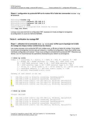 CCNA Exploration
Protocoles et concepts de routage : protocole RIP version 1 Travaux pratiques 5.6.1 : configuration RIP de base
Copyright sur l’intégralité du contenu © 1992 – 2007 Cisco Systems, Inc. Tous droits réservés.
Ce document contient des informations publiques Cisco. Page 5 sur 16
Étape 4 : configuration du protocole RIP sur le routeur R3 à l'aide des commandes router rip
et network
R3(config)#router rip
R3(config-router)#network 192.168.4.0
R3(config-router)#network 192.168.5.0
R3(config-router)#end
%SYS-5-CONFIG_I: Configured from console by console
R3# copy run start
Lorsque vous avez terminé la configuration RIP, repassez en mode privilégié et enregistrez
la configuration en cours en mémoire NVRAM.
Tâche 5 : vérification du routage RIP
Étape 1 : utilisation de la commande show ip route pour vérifier que la topologie de la table
de routage de chaque routeur contient tous les réseaux
Les routes acquises via le protocole RIP sont codées avec un R dans la table de routage. Si les tables
ne sont pas convergentes comme cela est indiqué ici, modifiez la configuration. Avez-vous vérifié si les
interfaces configurées sont actives ? Avez-vous configuré correctement le protocole RIP ? Revenez aux
tâches 3 et 4 et recommencez les opérations nécessaires pour obtenir la convergence.
R1#show ip route
Codes: C - connected, S - static, I - IGRP, R - RIP, M - mobile, B - BGP
D - EIGRP, EX - EIGRP external, O - OSPF, IA - OSPF inter area
N1 - OSPF NSSA external type 1, N2 - OSPF NSSA external type 2
E1 - OSPF external type 1, E2 - OSPF external type 2, E - EGP
i - IS-IS, L1 - IS-IS level-1, L2 - IS-IS level-2, ia - IS-IS inter area
* - candidate default, U - per-user static route, o - ODR
P - periodic downloaded static route
Gateway of last resort is not set
C 192.168.1.0/24 is directly connected, FastEthernet0/0
C 192.168.2.0/24 is directly connected, Serial0/0/0
R 192.168.3.0/24 [120/1] via 192.168.2.2, 00:00:04, Serial0/0/0
R 192.168.4.0/24 [120/1] via 192.168.2.2, 00:00:04, Serial0/0/0
R 192.168.5.0/24 [120/2] via 192.168.2.2, 00:00:04, Serial0/0/0
R1#
R2#show ip route
<Output omitted>
R 192.168.1.0/24 [120/1] via 192.168.2.1, 00:00:22, Serial0/0/0
C 192.168.2.0/24 is directly connected, Serial0/0/0
C 192.168.3.0/24 is directly connected, FastEthernet0/0
C 192.168.4.0/24 is directly connected, Serial0/0/1
R 192.168.5.0/24 [120/1] via 192.168.4.1, 00:00:23, Serial0/0/1
R2#
 