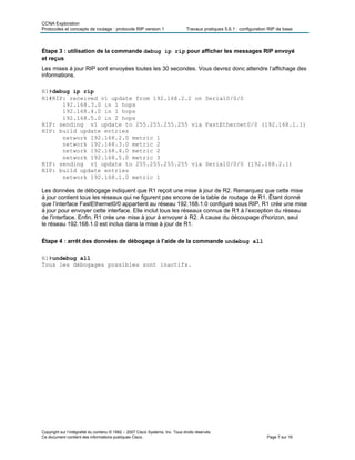 CCNA Exploration
Protocoles et concepts de routage : protocole RIP version 1 Travaux pratiques 5.6.1 : configuration RIP de base
Copyright sur l’intégralité du contenu © 1992 – 2007 Cisco Systems, Inc. Tous droits réservés.
Ce document contient des informations publiques Cisco. Page 7 sur 16
Étape 3 : utilisation de la commande debug ip rip pour afficher les messages RIP envoyé
et reçus
Les mises à jour RIP sont envoyées toutes les 30 secondes. Vous devrez donc attendre l’affichage des
informations.
R1#debug ip rip
R1#RIP: received v1 update from 192.168.2.2 on Serial0/0/0
192.168.3.0 in 1 hops
192.168.4.0 in 1 hops
192.168.5.0 in 2 hops
RIP: sending v1 update to 255.255.255.255 via FastEthernet0/0 (192.168.1.1)
RIP: build update entries
network 192.168.2.0 metric 1
network 192.168.3.0 metric 2
network 192.168.4.0 metric 2
network 192.168.5.0 metric 3
RIP: sending v1 update to 255.255.255.255 via Serial0/0/0 (192.168.2.1)
RIP: build update entries
network 192.168.1.0 metric 1
Les données de débogage indiquent que R1 reçoit une mise à jour de R2. Remarquez que cette mise
à jour contient tous les réseaux qui ne figurent pas encore de la table de routage de R1. Étant donné
que l’interface FastEthernet0/0 appartient au réseau 192.168.1.0 configuré sous RIP, R1 crée une mise
à jour pour envoyer cette interface. Elle inclut tous les réseaux connus de R1 à l’exception du réseau
de l'interface. Enfin, R1 crée une mise à jour à envoyer à R2. À cause du découpage d'horizon, seul
le réseau 192.168.1.0 est inclus dans la mise à jour de R1.
Étape 4 : arrêt des données de débogage à l’aide de la commande undebug all
R1#undebug all
Tous les débogages possibles sont inactifs.
 