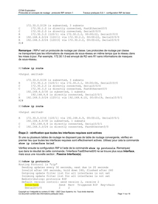 CCNA Exploration
Protocoles et concepts de routage : protocole RIP version 1 Travaux pratiques 5.6.1 : configuration RIP de base
Copyright sur l’intégralité du contenu © 1992 – 2007 Cisco Systems, Inc. Tous droits réservés.
Ce document contient des informations publiques Cisco. Page 11 sur 16
172.30.0.0/24 is subnetted, 3 subnets
C 172.30.1.0 is directly connected, FastEthernet0/0
C 172.30.2.0 is directly connected, Serial0/0/0
R 172.30.3.0 [120/1] via 172.30.2.2, 00:00:22, Serial0/0/0
R 192.168.4.0/24 [120/1] via 172.30.2.2, 00:00:22, Serial0/0/0
R 192.168.5.0/24 [120/2] via 172.30.2.2, 00:00:22, Serial0/0/0
R1#
Remarque : RIPv1 est un protocole de routage par classe. Les protocoles de routage par classe
ne transportent pas les informations de masques de sous-réseau en même temps que le réseau dans
les mises à jour. Par exemple, 172.30.1.0 est envoyé de R2 vers R1 sans informations de masques
de sous-réseau.
R2#show ip route
<Output omitted>
172.30.0.0/24 is subnetted, 3 subnets
R 172.30.1.0 [120/1] via 172.30.2.1, 00:00:04, Serial0/0/0
C 172.30.2.0 is directly connected, Serial0/0/0
C 172.30.3.0 is directly connected, FastEthernet0/0
192.168.4.0/30 is subnetted, 1 subnets
C 192.168.4.8 is directly connected, Serial0/0/1
R 192.168.5.0/24 [120/1] via 192.168.4.10, 00:00:19, Serial0/0/1
R2#
R3#show ip route
<Output omitted>
R 172.30.0.0/16 [120/1] via 192.168.4.9, 00:00:22, Serial0/0/1
192.168.4.0/30 is subnetted, 1 subnets
C 192.168.4.8 is directly connected, Serial0/0/1
C 192.168.5.0/24 is directly connected, FastEthernet0/0
Étape 2 : vérification que toutes les interfaces requises sont actives
Si une ou plusieurs tables de routage ne disposent pas de table de routage convergente, vérifiez en
premier lieu que toutes les interfaces requises sont effectivement actives. Utilisez pour cela la commande
show ip interface brief.
Vérifiez ensuite la configuration RIP à l’aide de la commande show ip protocols. Remarquez
que dans le résultat de cette commande, l’interface FastEthernet0/0 ne se trouve plus sous Interface,
mais sous une nouvelle section : Passive Interface(s).
R1#show ip protocols
Routing Protocol is "rip"
Sending updates every 30 seconds, next due in 20 seconds
Invalid after 180 seconds, hold down 180, flushed after 240
Outgoing update filter list for all interfaces is not set
Incoming update filter list for all interfaces is not set
Redistributing: protocole RIP
Default version control: send version 2, receive 2
Interface Send Recv Triggered RIP Key-chain
Serial0/1/0 2 2
 
